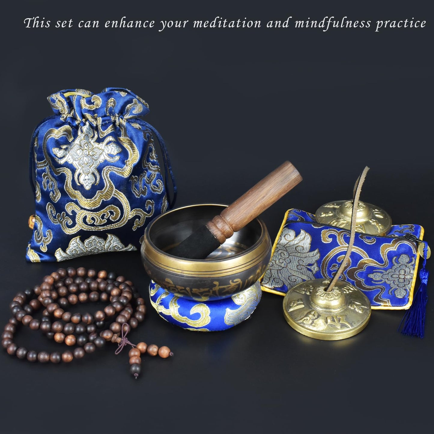 Artcome 7PCS Meditation Set - Tibetan Singing Bowl & Tingsha Cymbals Bells Handmade in Nepal for Meditation, Yoga, Chakra Healing, Stress Relief & Mindfulness