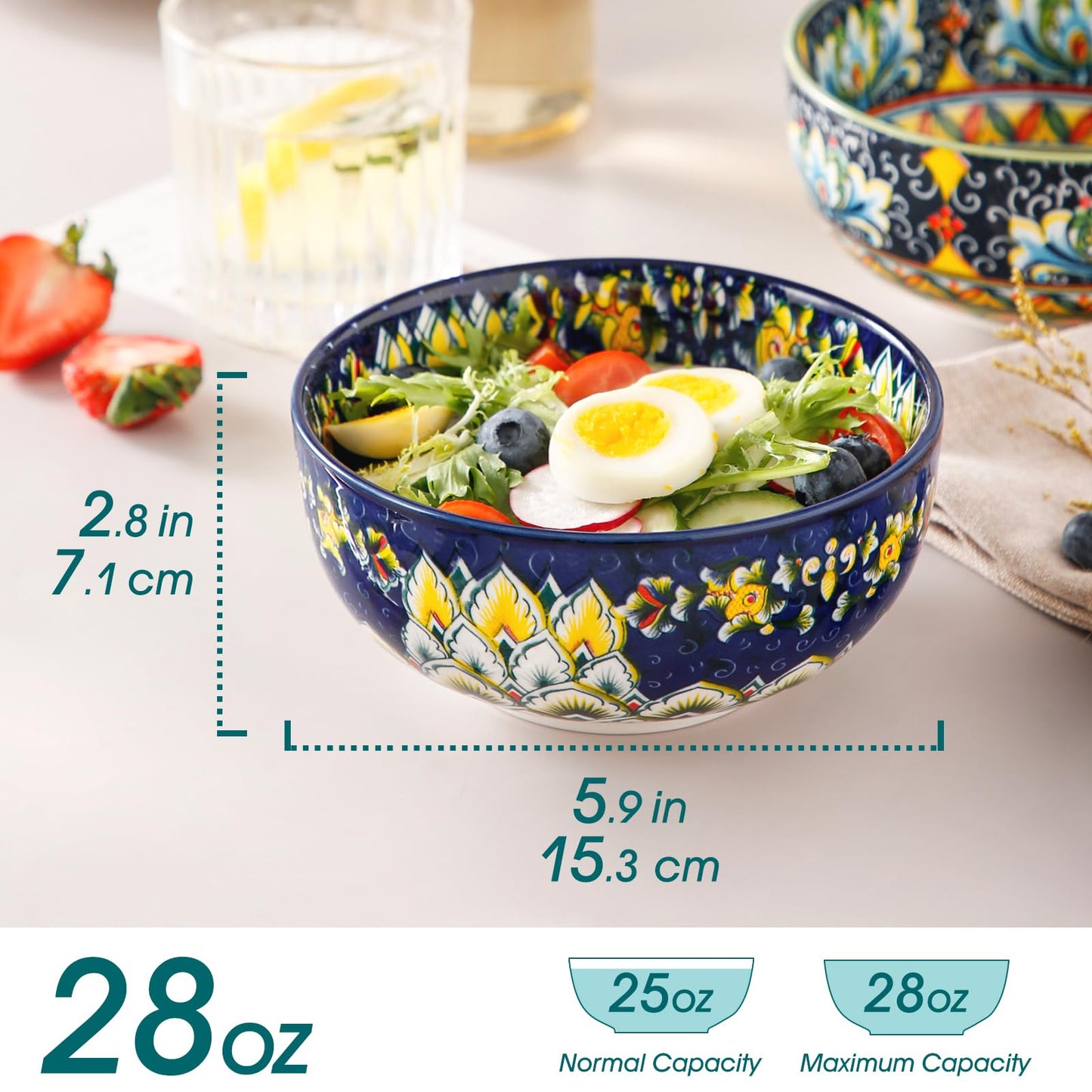 vancasso SIMI 28 oz Cereal Bowls Set of 6, Ceramic Soup Bowls, Dishwasher & Microwave Safe, Serving Bowls with Double-Sided Pattern for Cereal, Soup, Oatmeal, Ice Cream, Salad