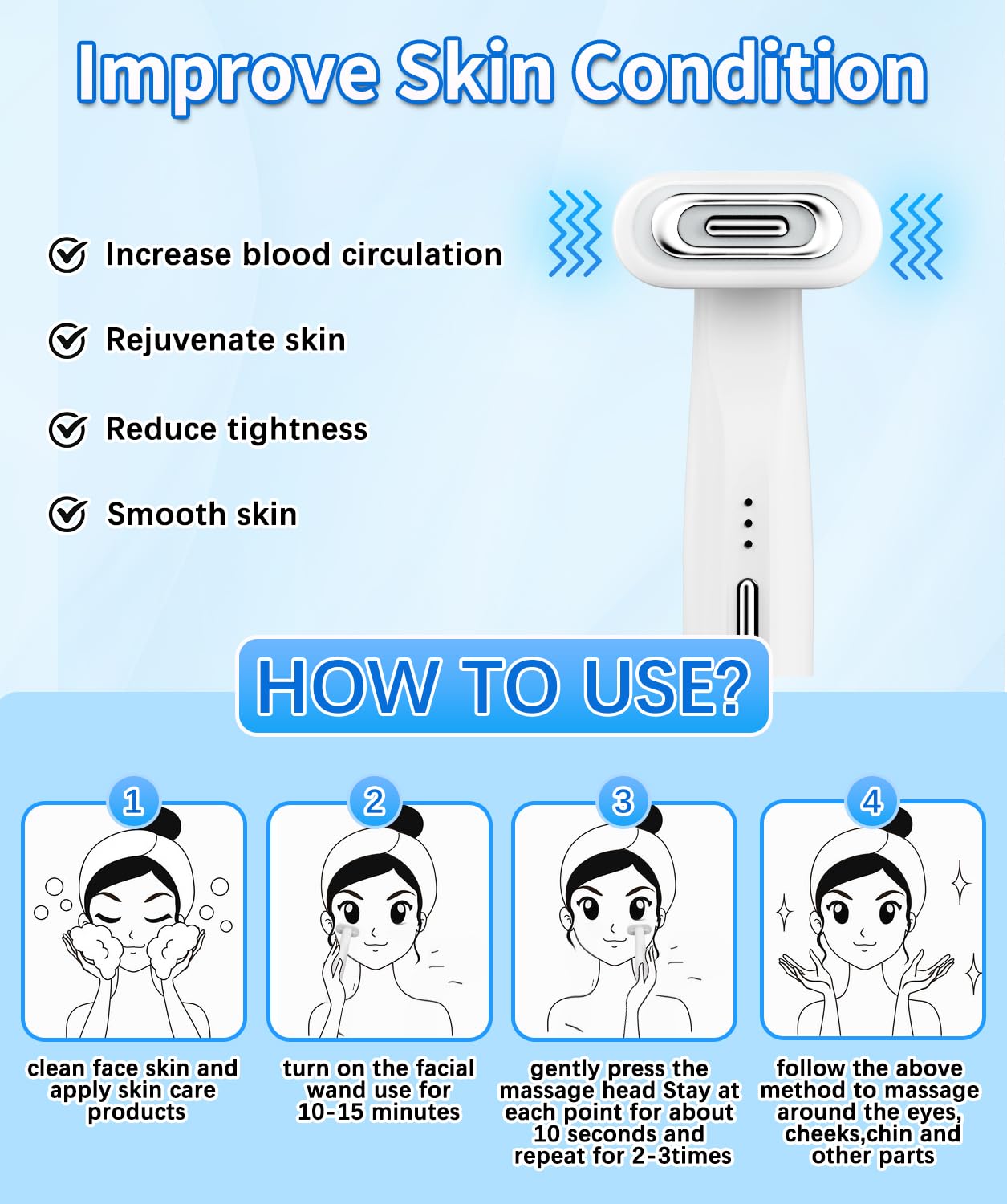 Red Light Therapy Wand for Eyes and Face 4-in-1 Facial Wand 7 Colors High Frequency Wand Eye Massager, EMS Microcurrent Face Lift Device Improves Skin Firmness Suitable for Home Skin Care