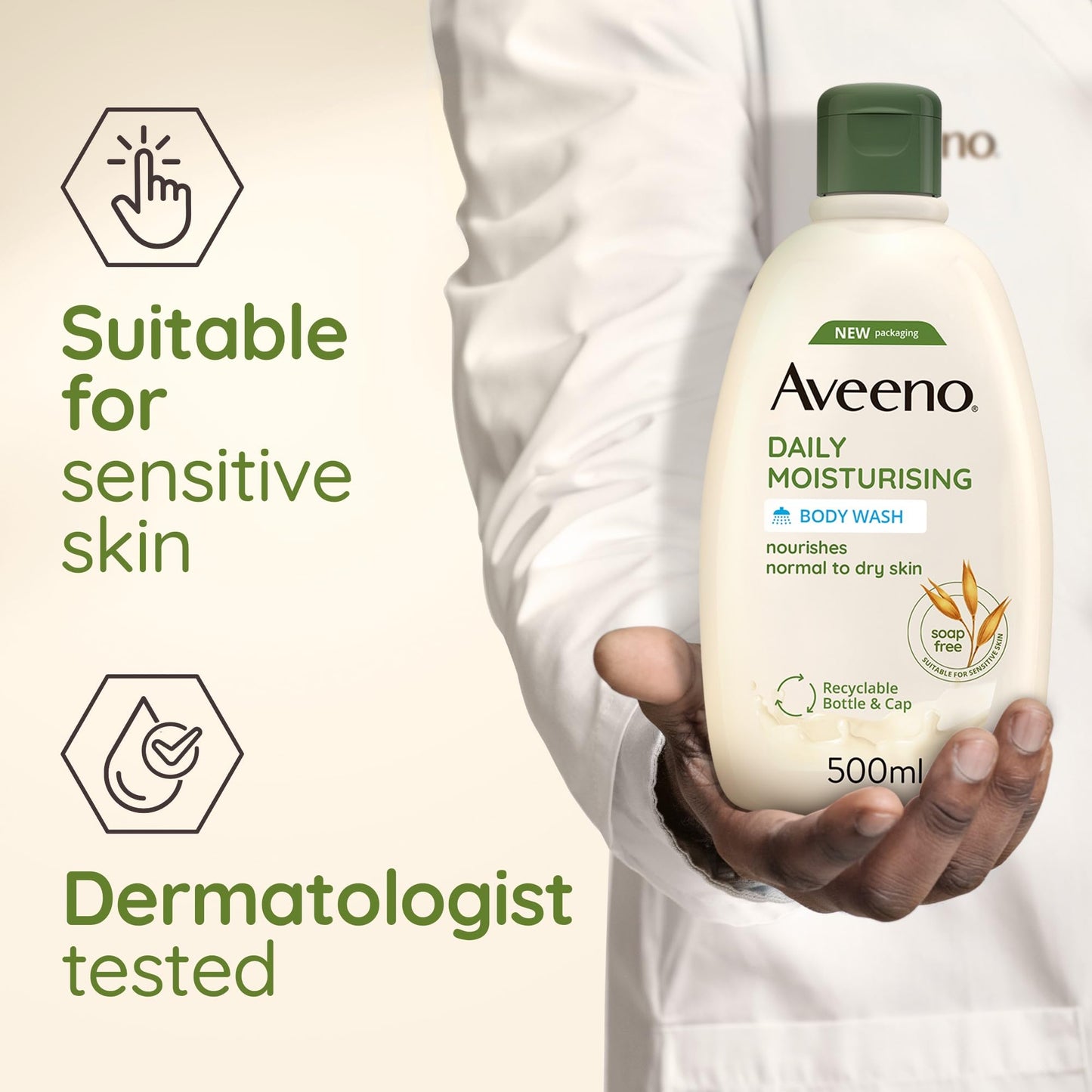 Aveeno Daily Moisturising Body Wash (1x 500ml), Gentle Wash with Soothing Colloidal Oatmeal, Nourishing Body Cleanser for Sensitive and Normal to Dry Skin