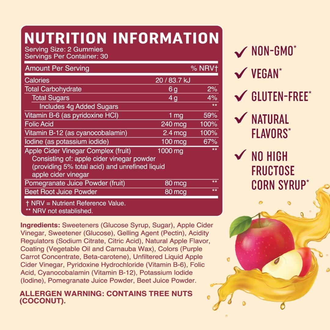 Vegan Apple Cider Vinegar Gummy 1000mg with The Mother | Weight Management, Metabolism, Energy & Digestion Support with Vitamin B6 & B12 | Thermogenic ACV Gummies | 60 Apple Cider Vinegar Gummies