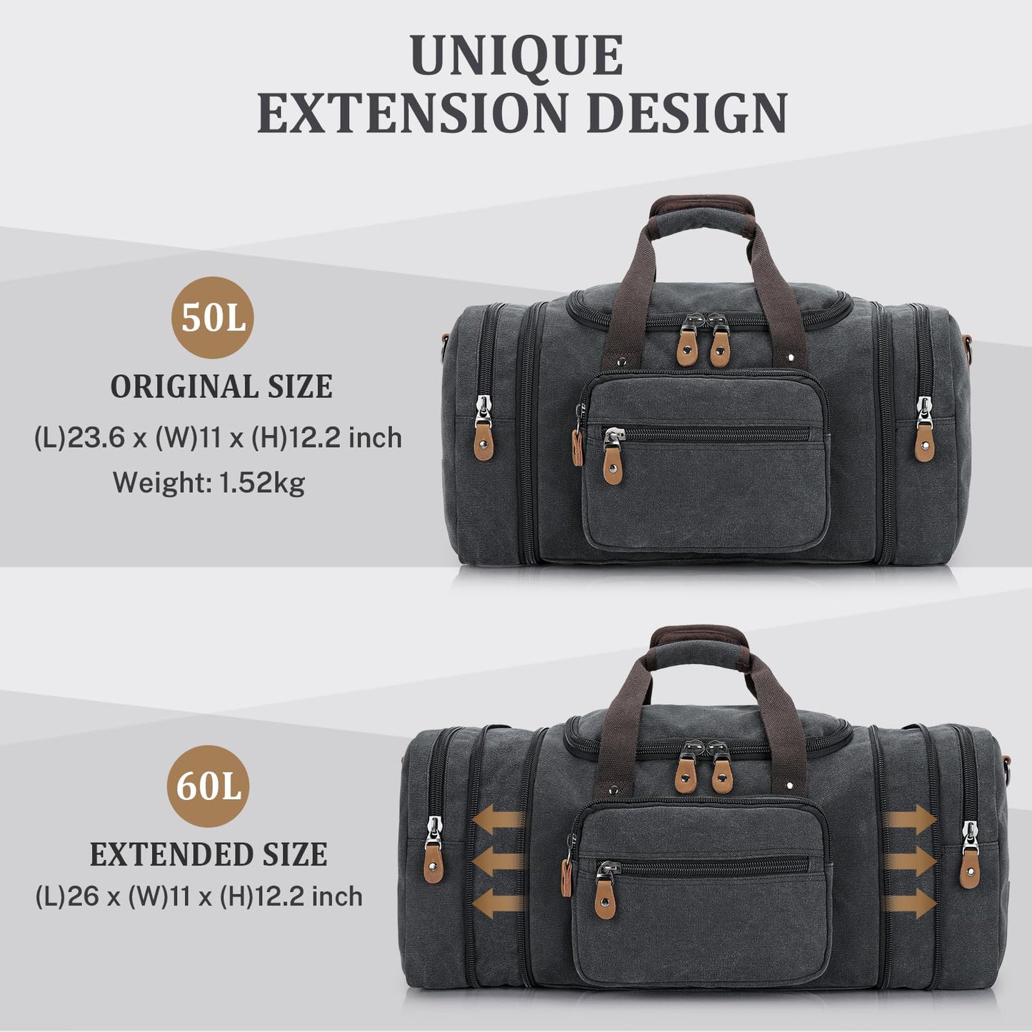Gonex Expandable Canvas Holdall for Men, 50L / 60L Duffel - Multi-Pockets Overnight Weekend Bag, Unisex Holdall Travel Duffle - Weekender bag, Dark Grey