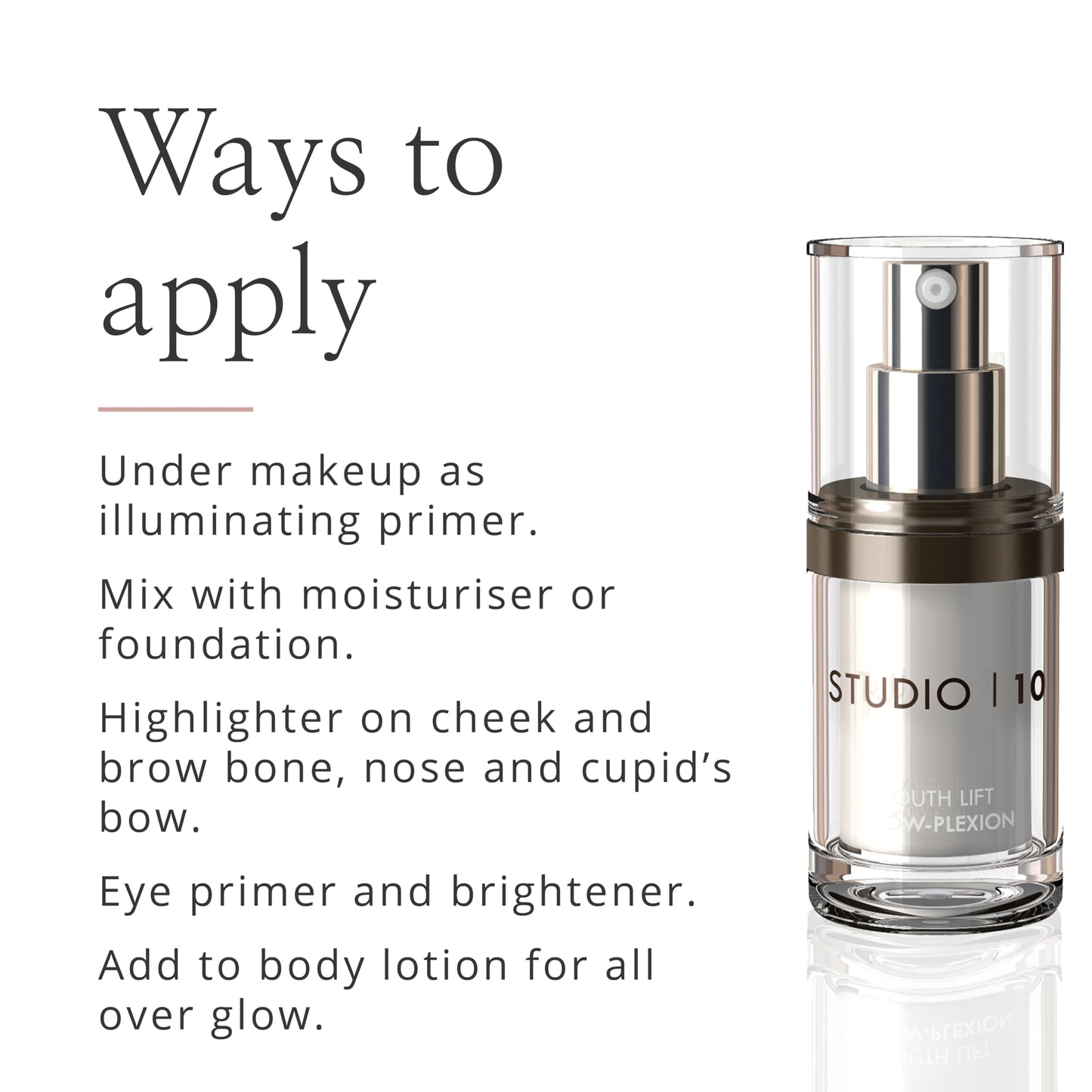 Studio10 Skin Lift Glow-Plexion Primer and Highlighter 2-in-1 Radiance Booster with Skincare Benefits for Hydrated Brightened and Lifted Skin Suitable for Dull Dry and Mature Complexions
