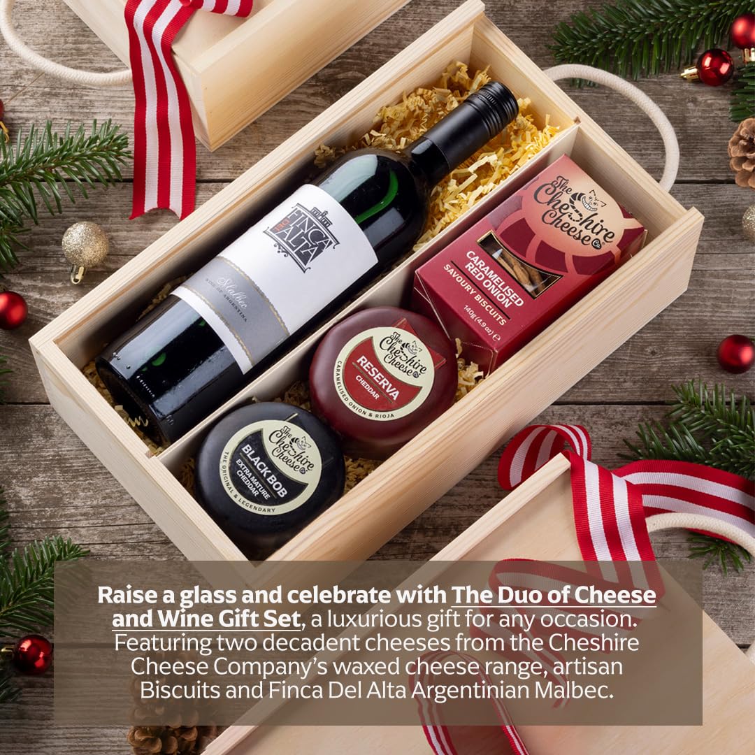 Cheshire Cheese Company | Duo of Cheese and Wine Gift Box – The Perfect Night In | Award Winning 2 Cheeses, 1 Biscuits & Red Wine Gift Set in Presentation Box | Luxury Food Hamper for Birthdays & more