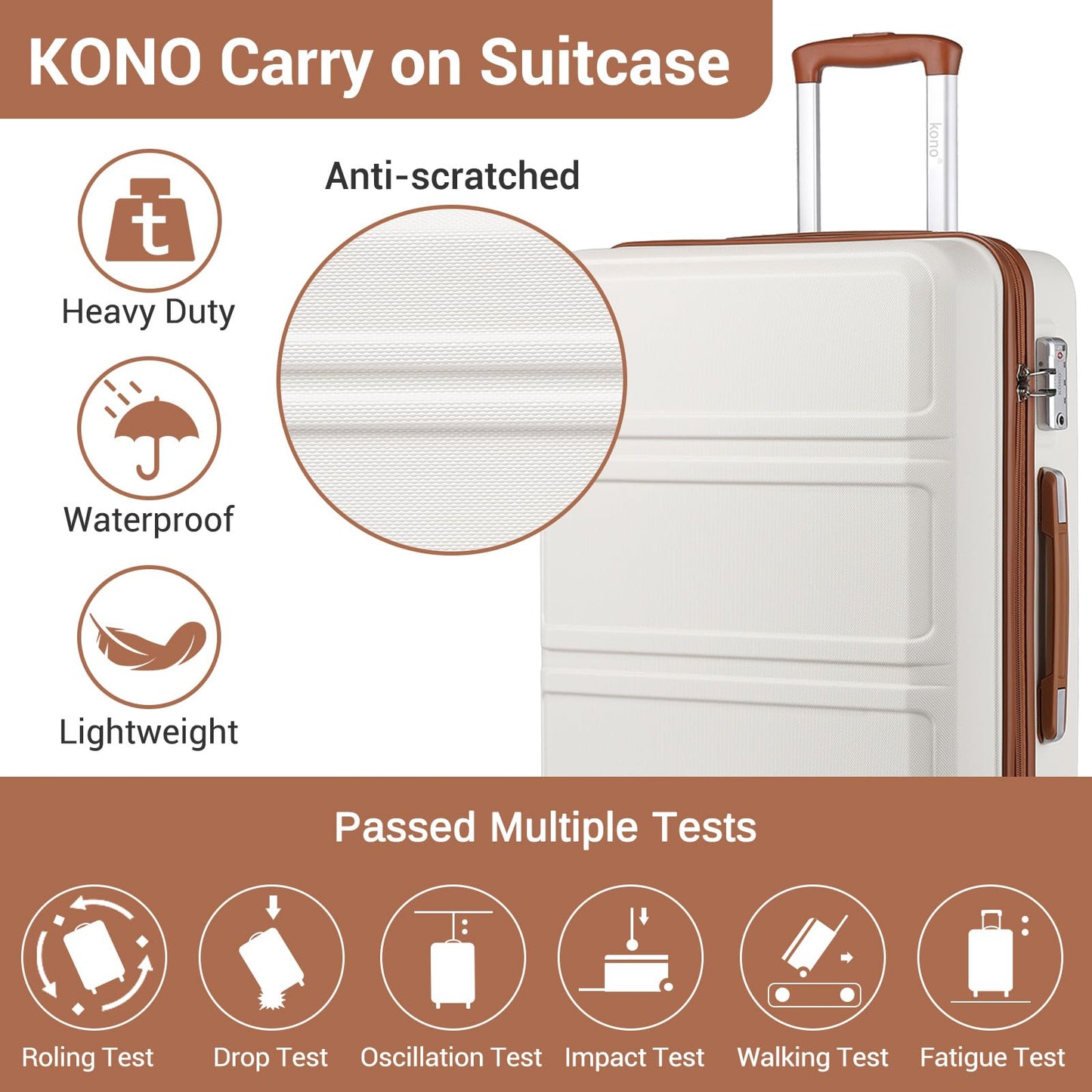 Kono Fashion Hand Luggage Lightweight ABS Hard Shell Trolley Travel Suitcase with TSA Combination Lock and 4 Wheels Cabin Carry-on Suitcases (20", Cream White)