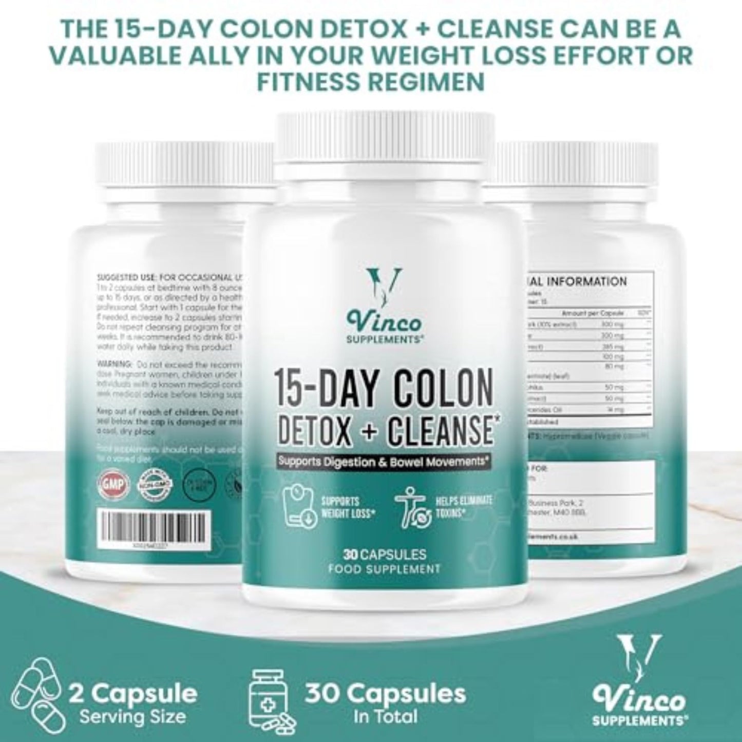 Vinco Colon Cleanse 15 Day Detox - Supports Weight Loss - Eliminates Toxins - Relieves Constipation & Bloating - Probiotics for Gut Health - Promotes Regularity - Herbal Stool Softener