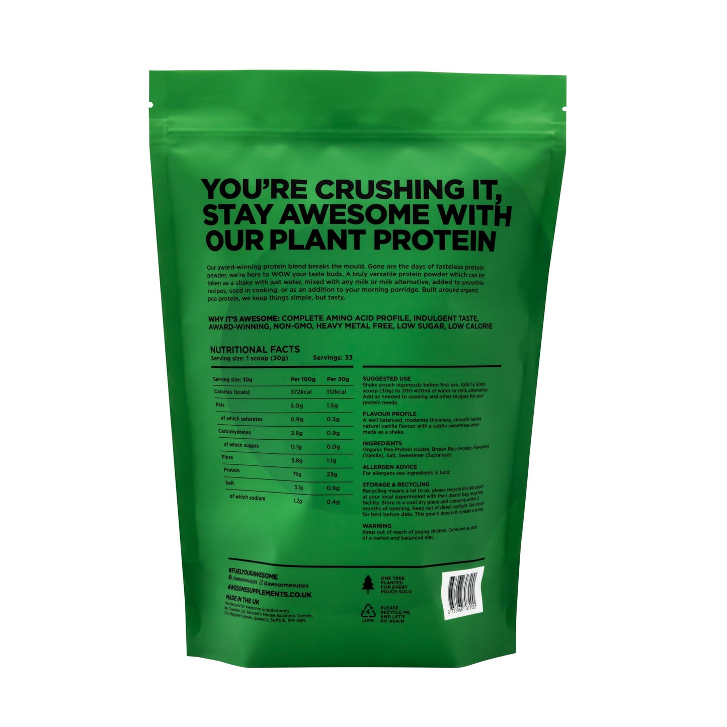 Awesome Supplements - Awesome Protein Vanilla - 1KG Vegan & Organic High Protein Powder - Low Calorie, Low Sugar