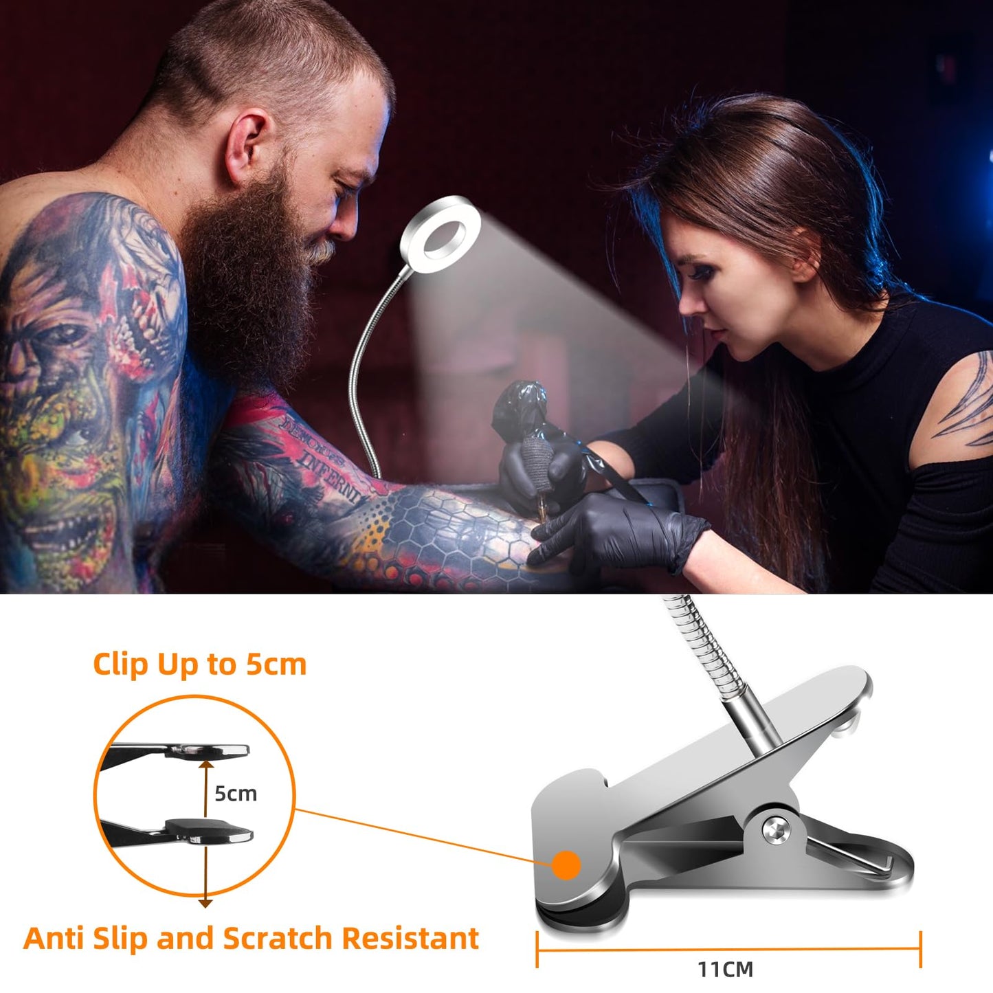 Akynite 7W USB Clip On Bedside Reading Light with Adapter, 3 Colour Changing & 10 Brightness, LED Nail Ring Light Clip on Desk, Flexible Clamp Beauty Lamp for Eyelash Extensions, Silver