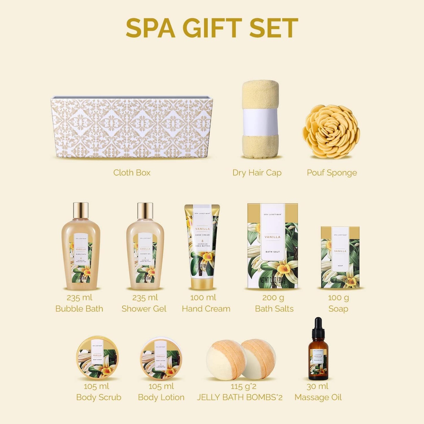 Spa Luxetique Spa Gift Set,12pcs Vanilla Shower Set, Pamper Gifts for Women, Bath Gift Set with Body Lotion, Bath Bomb, Bubble Bath, Bath Sets for Women Gifts Birthday Gifts, Mothers Day Gifts