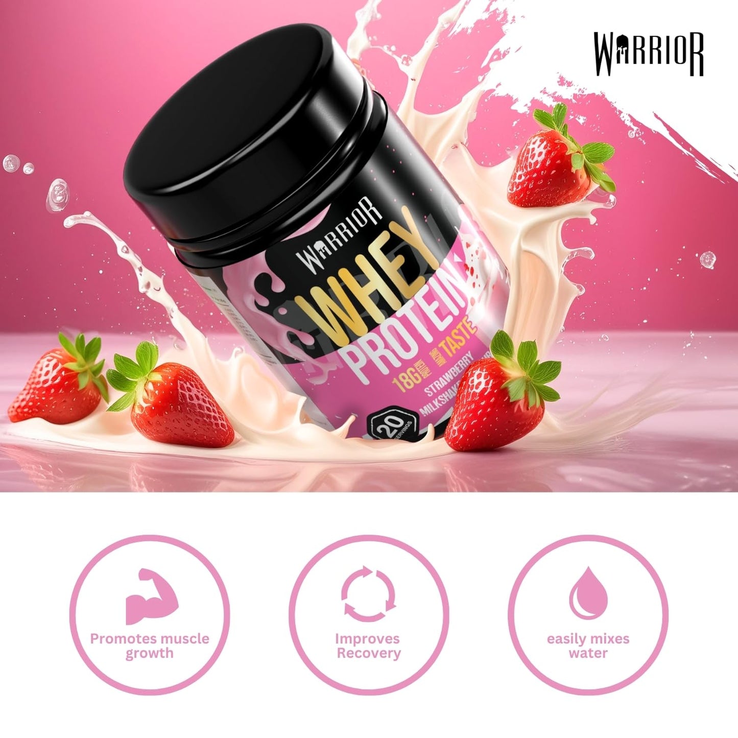 Warrior Whey Protein Powder 500g - Up to 36g* Protein per Shake – Low Sugar - Muscle Growth and Recovery Drink - Amazing Taste - 20 Servings - GMP Certified (Strawberry Milkshake)