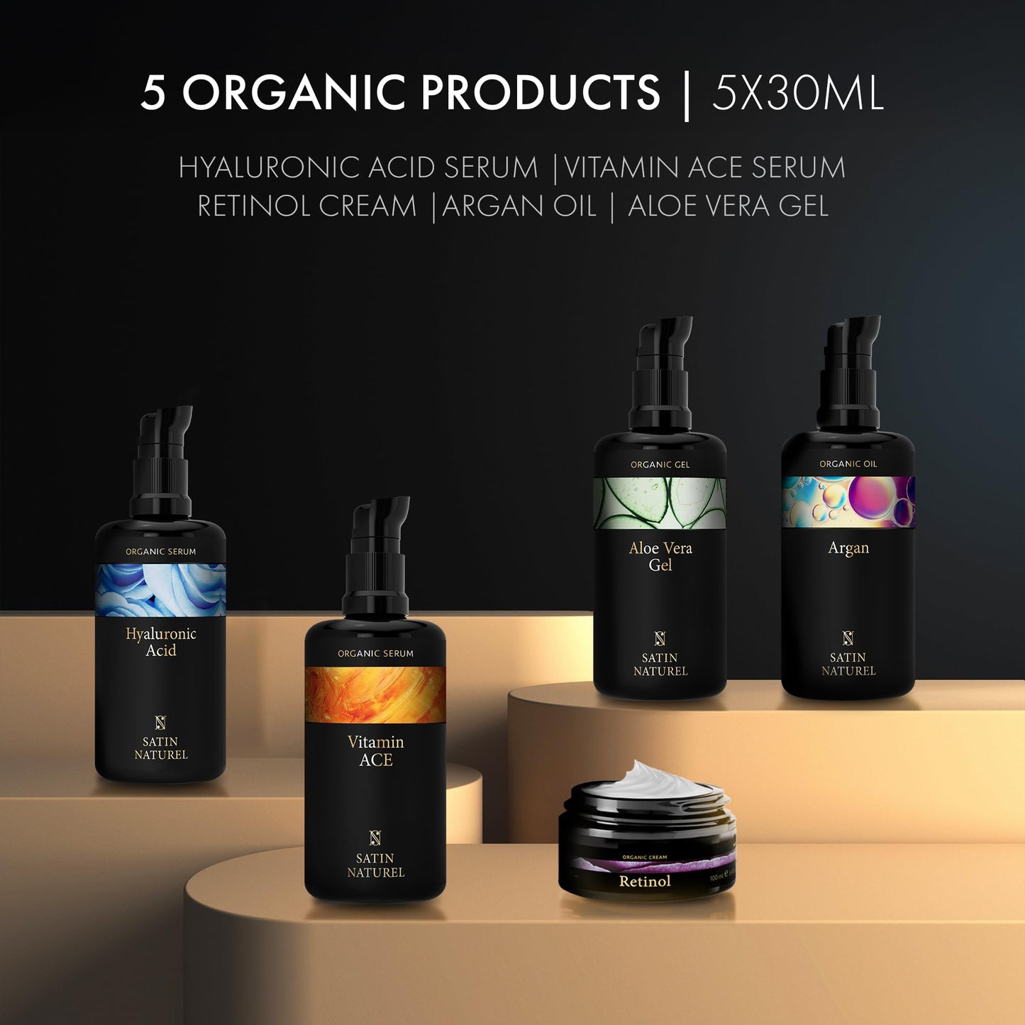 Satin Naturel Gift Set Women with Hyaluronic Acid Serum for Face + Vitamin C Serum + Aloe Vera Gel + Argan Oil + Moisturiser 5x30ml, Luxury Gifts for Women - Gift for Her - Gift Box