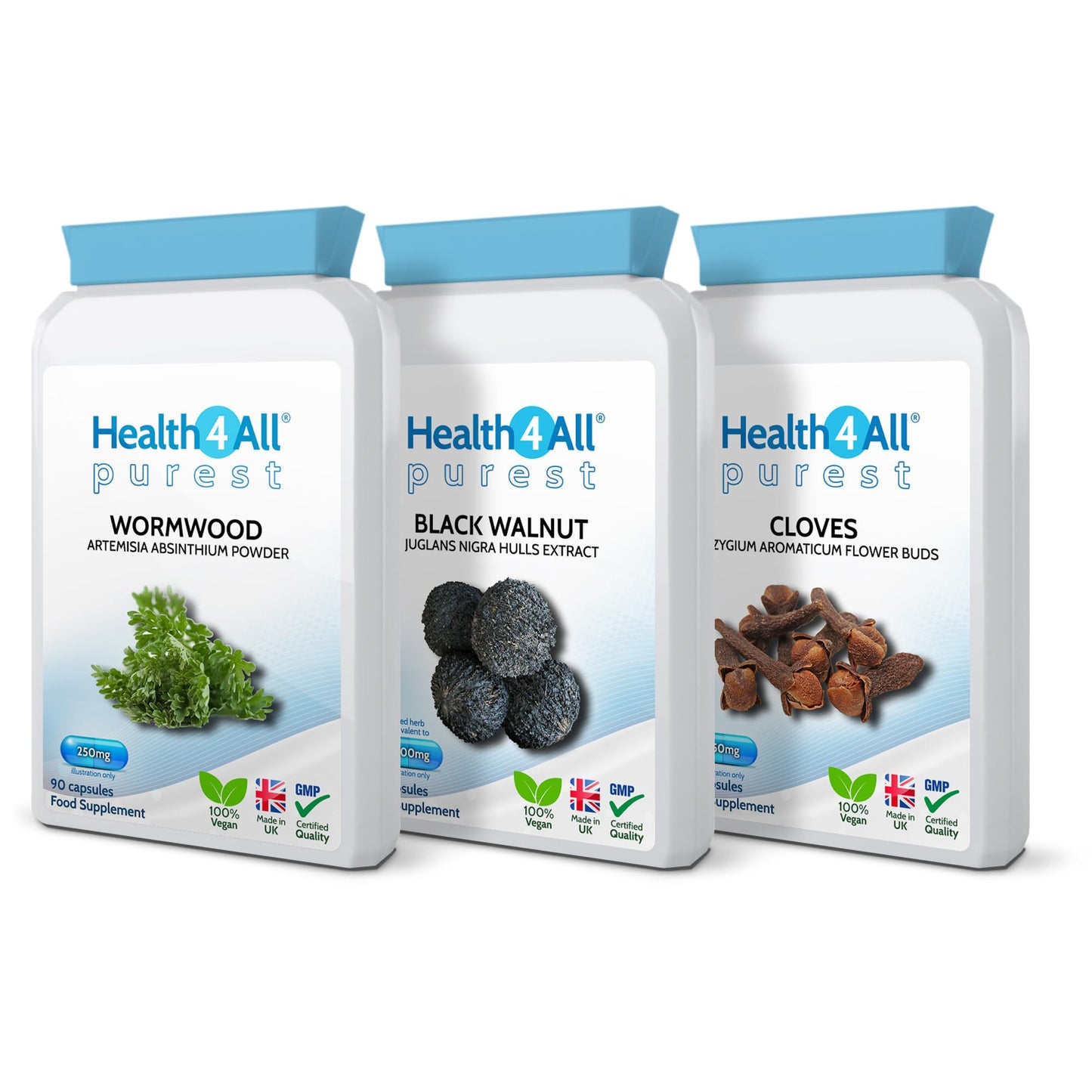 Health4All Wormwood, Black Walnut, Cloves Digestive Dewormer Detox Cleanse for Humans Set 3x90 Capsules. Vegan. Purest - no additives Intestinal Detox Supplement