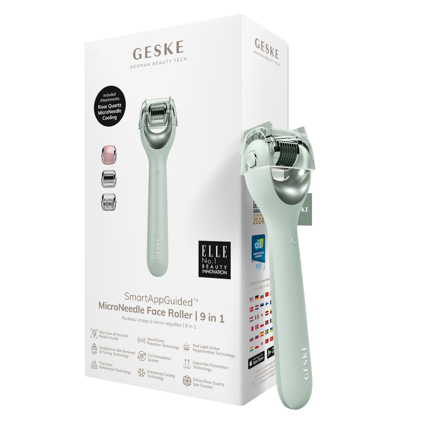 GESKE SmartAppGuided™ MicroNeedle Face Roller | 9 in 1 | Electric derma roller with rose quartz | Professional microneedling device | Needle roller | Beauty roller for face