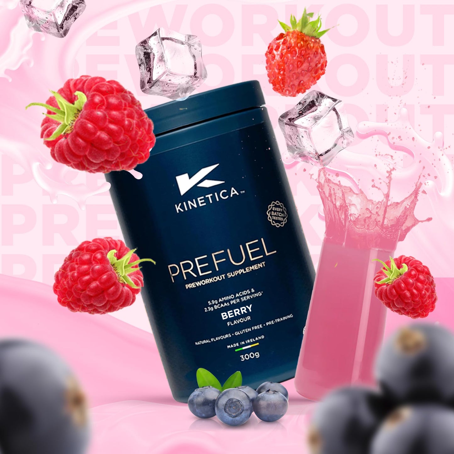 Kinetica Sports Prefuel Pre Workout -Berry Flavour | 5.8g Amino Acids Blend, 2.25g BCAA's & 92mg Caffeine/Serve, 30 Servings/300g| With Essential Vitamins, Minerals|Supports Performance & Energy Boost