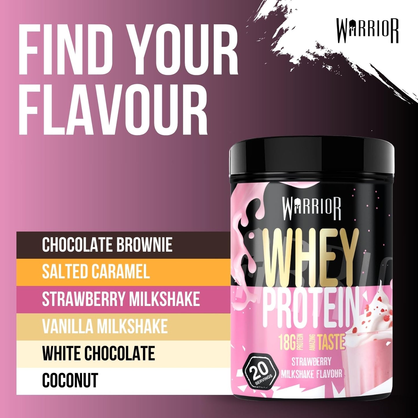 Warrior Whey Protein Powder 500g - Up to 36g* Protein per Shake – Low Sugar - Muscle Growth and Recovery Drink - Amazing Taste - 20 Servings - GMP Certified (Strawberry Milkshake)