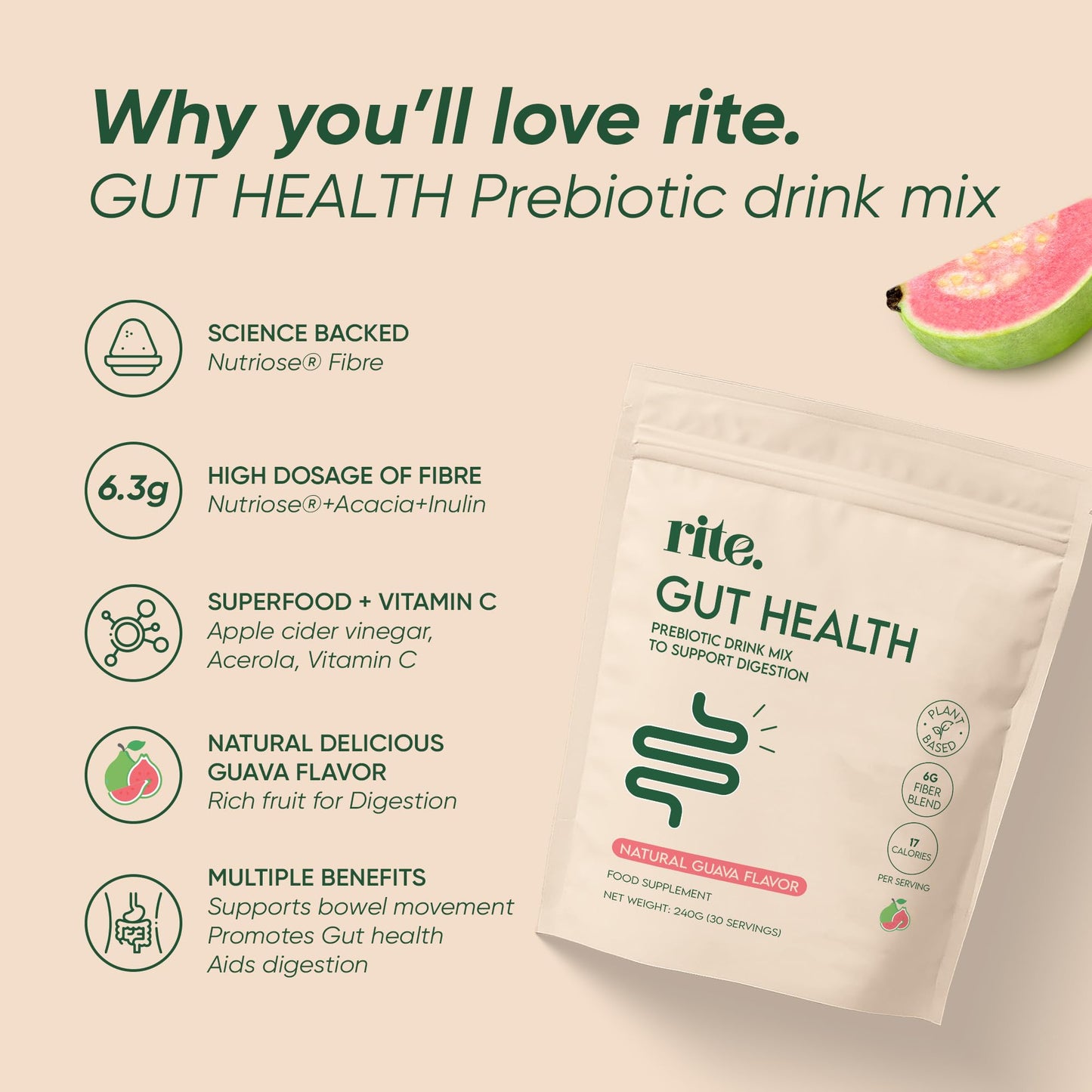 Rite Gut Health Prebiotic Supplement, High Fibre, Soluble Fibre Powder, Digestive Health, Vegan, Guava Flavour (30 Servings, 1 Month)