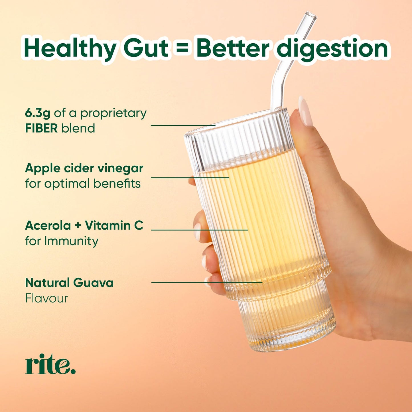 Rite Gut Health Prebiotic Supplement, High Fibre, Soluble Fibre Powder, Digestive Health, Vegan, Guava Flavour (30 Servings, 1 Month)