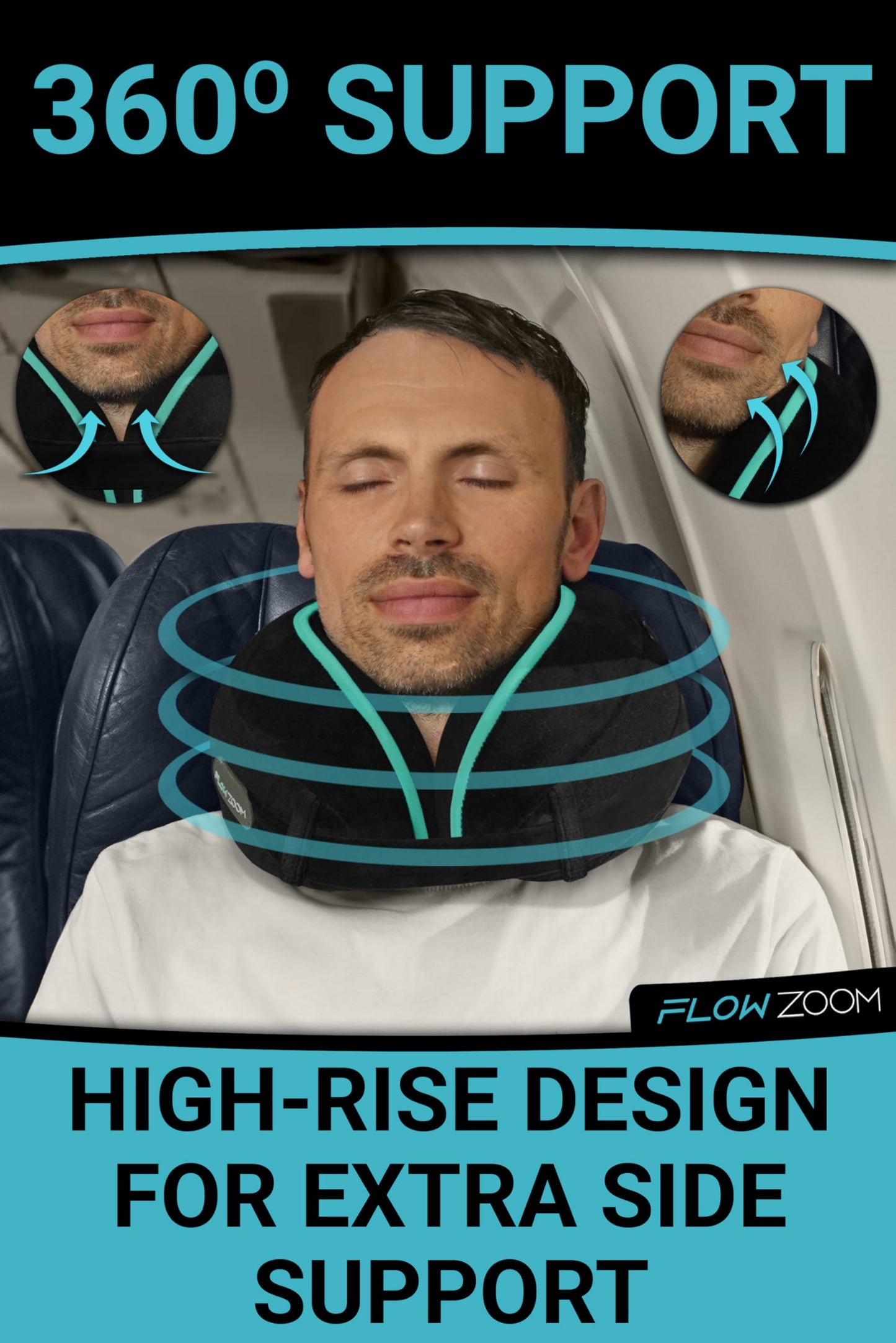 FLOWZOOM Dream Travel Neck Pillow for Airplane & Car – Adjustable Memory Foam Travel Cushion with Higher Sides for Extra Support, Soft, Washable Plush Cover and Compact Mash Bag - Black