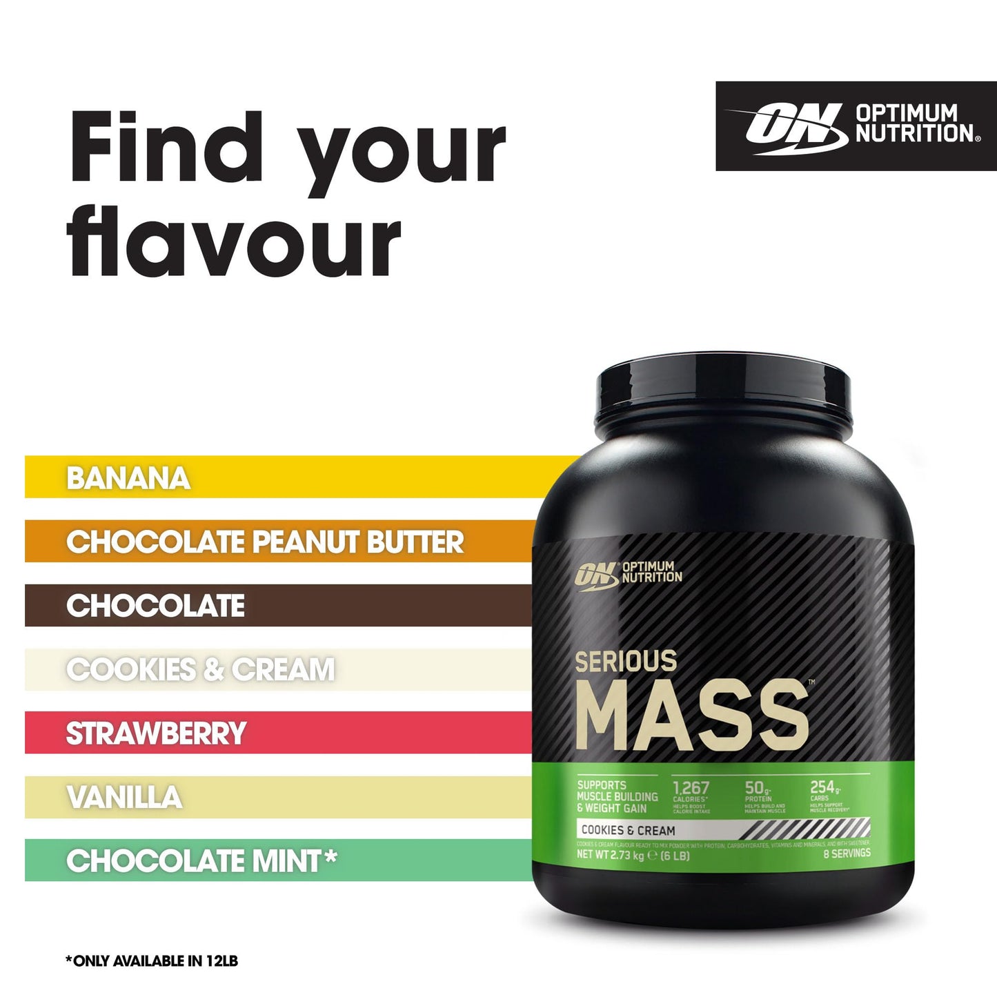 Optimum Nutrition Serious Mass Protein Powder High Calorie Mass Gainer with Vitamins, Creatine and Glutamine, Cookies and Cream, 8 Servings, 2.73 kg, Packaging May Vary