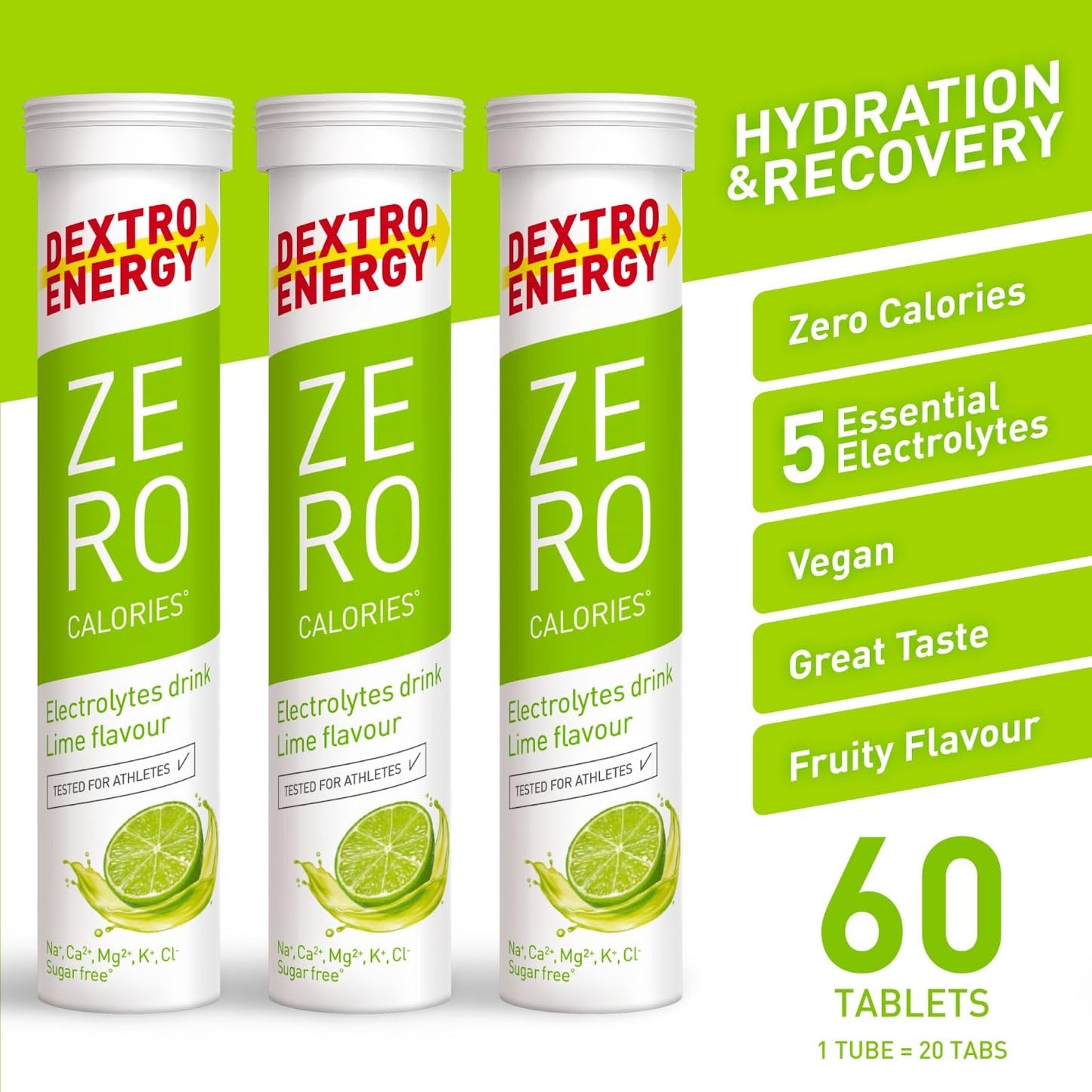 Dextro Energy Zero Calories I Recovery and Hydration Electrolyte Drink I Zero Effervescent Tablets I Lime | 3 Tubes, 60 Tablets |