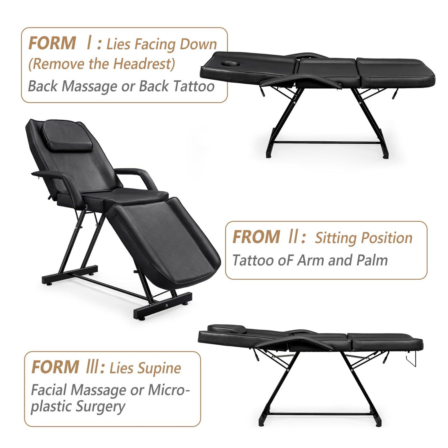 Bonnlo Professional Massage Table Tattoo Chair, Multi-Purpose 3-Section w/Adjustble Stool, Esthetician Bed Beauty Equipment for Spa Facial Waxing & Physical Therapy(Black)