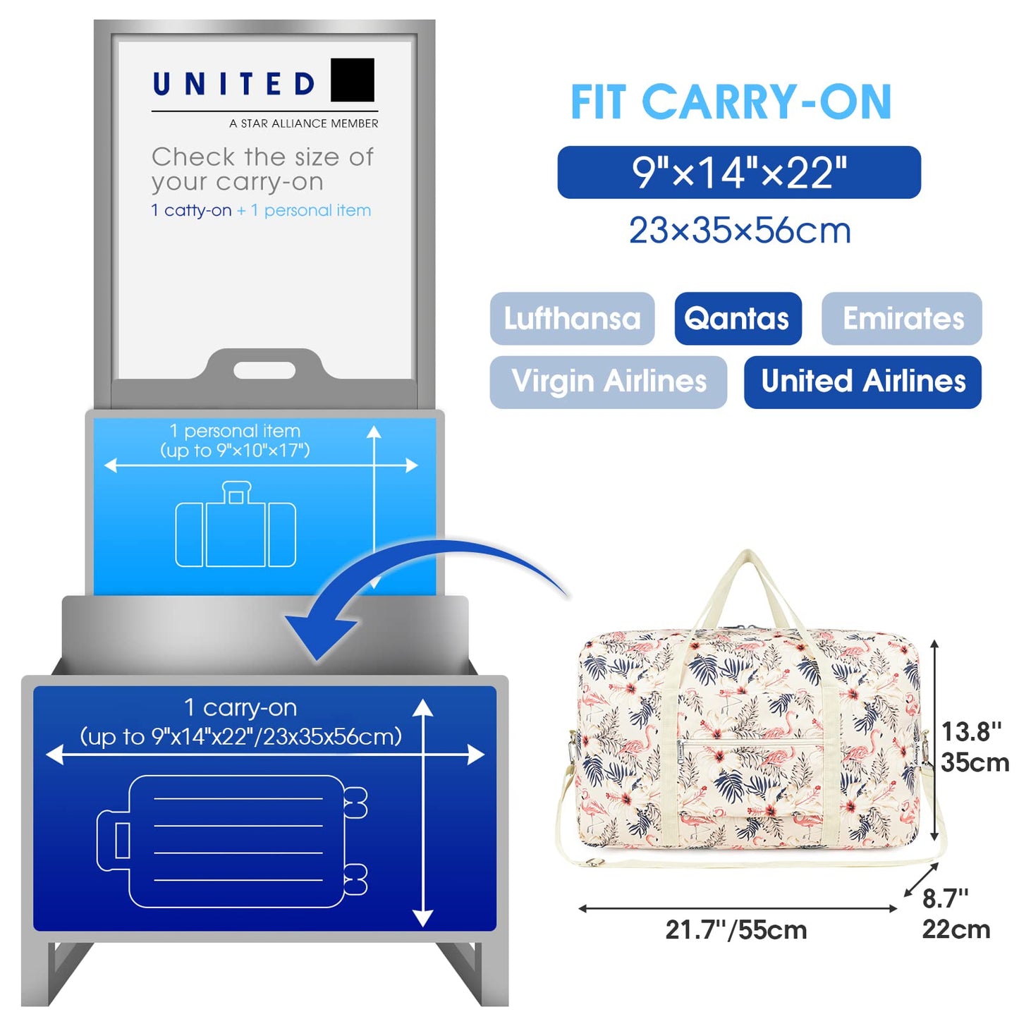 for Airlines Large Cabin Bag 56x45x25 Foldable Travel Duffel Bag Holdall Tote Carry on Luggage Overnight for Women and Men 40L (Beige Flamingo)