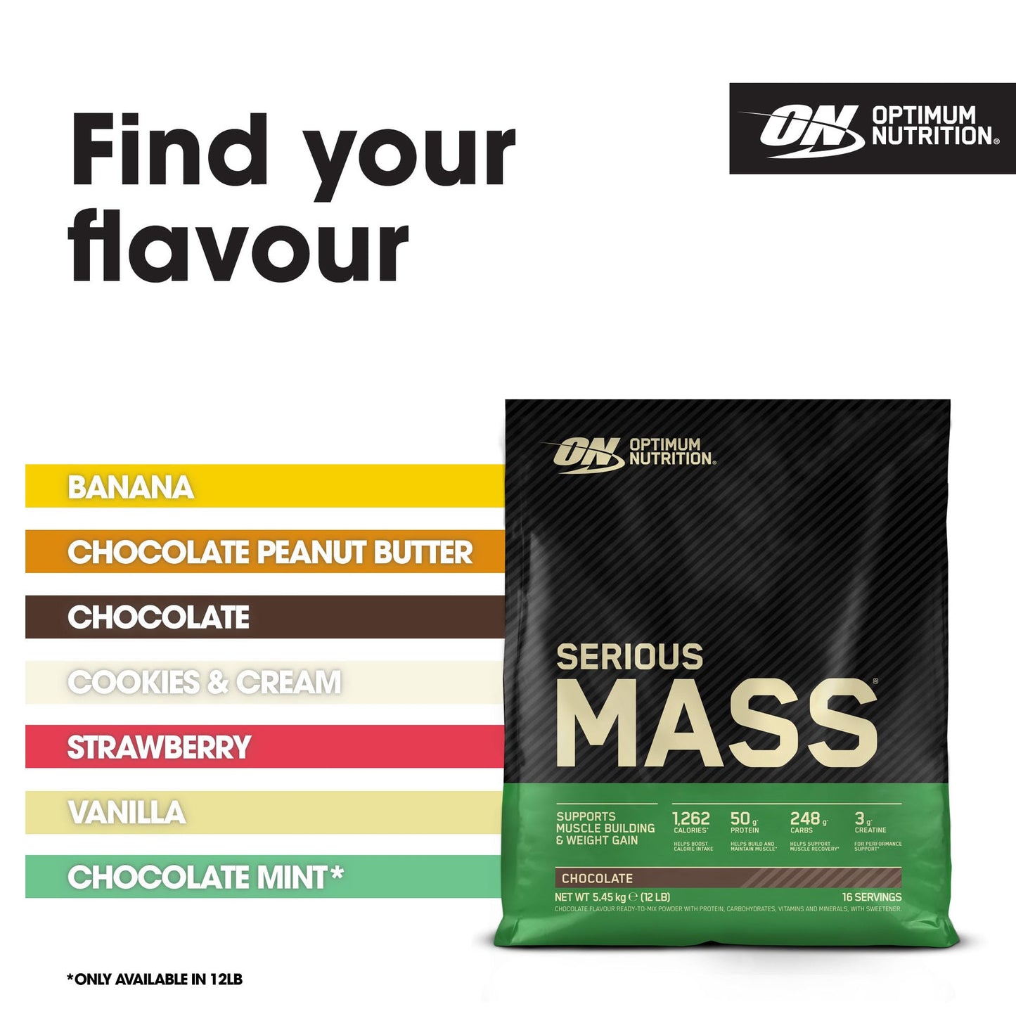 Optimum Nutrition Serious Mass Protein Powder High Calorie Mass Gainer with Vitamins, Creatine and Glutamine, Chocolate, 16 Servings, 5.45 kg