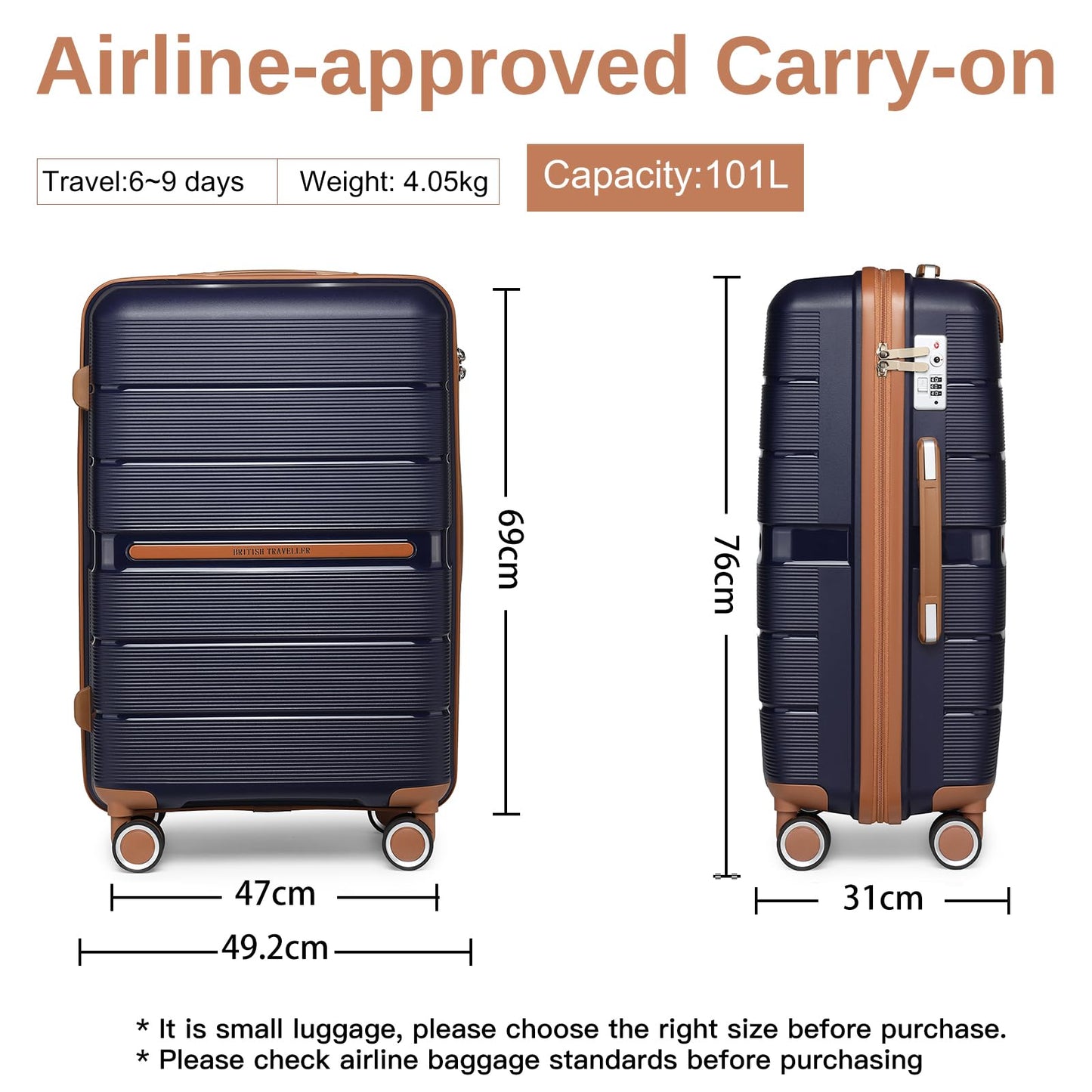 British Traveller Suitcase Check in Hold Luggage Lightweight PP Hard Shell Travel Trolley Suitcase with 4 Spinner Wheels TSA Lock (Navy, 76cm 92L)