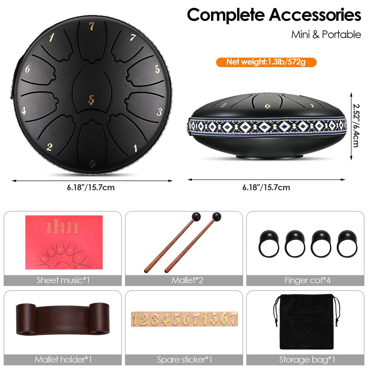 Do-Electr Steel Tongue Drum 6 Inch 11 Tone Tongue Drum Disc Drum, Steel Pan Tones Drum Hand Pan Drum with Pocket, Fingerpick, and mallets for Meditation Yoga Sound Healing