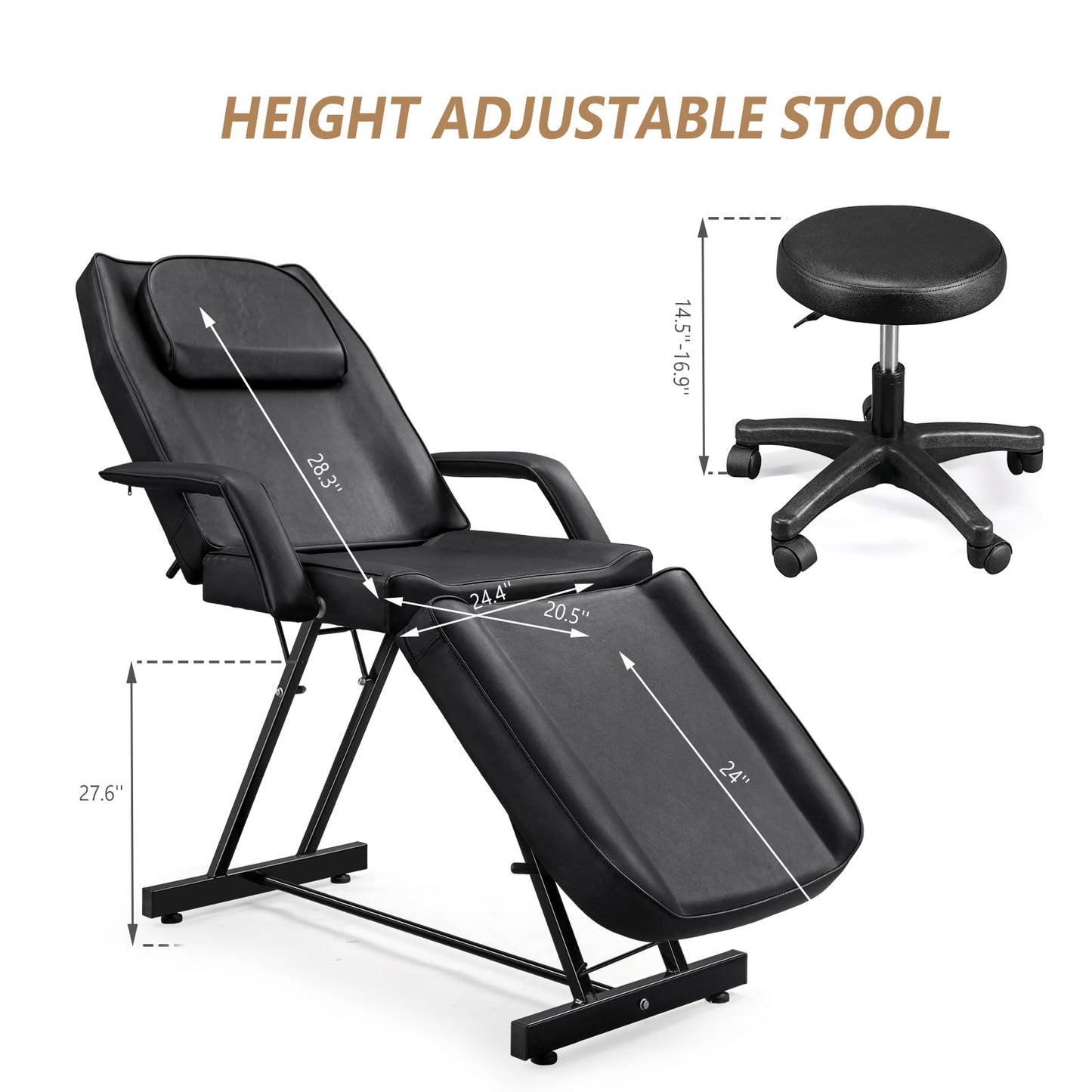 Bonnlo Professional Massage Table Tattoo Chair, Multi-Purpose 3-Section w/Adjustble Stool, Esthetician Bed Beauty Equipment for Spa Facial Waxing & Physical Therapy(Black)