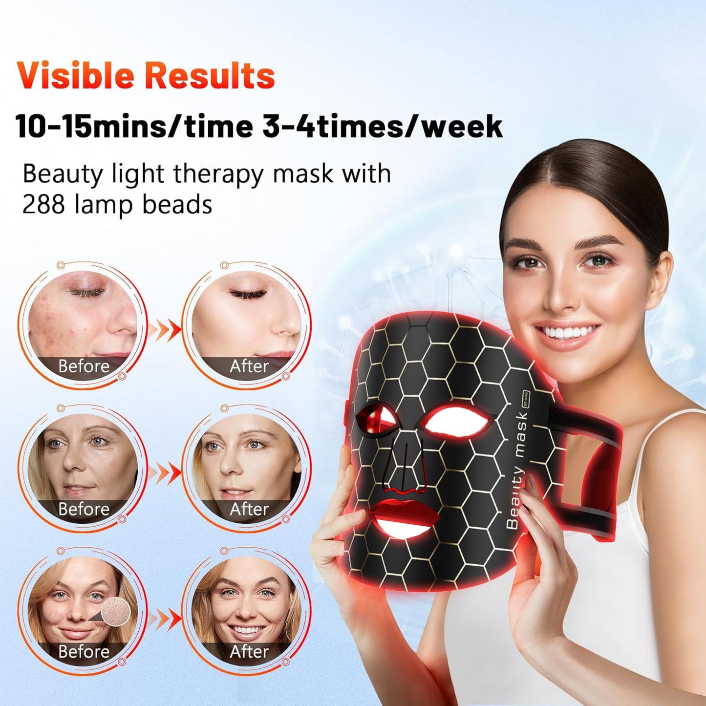 LED Light Therapy Facial Mask Beauty Device Reusable Masks, Anti-Aging & Hydration for Glowing Skin– 3 Light Modes – Remote Control – Includes Eye Protection