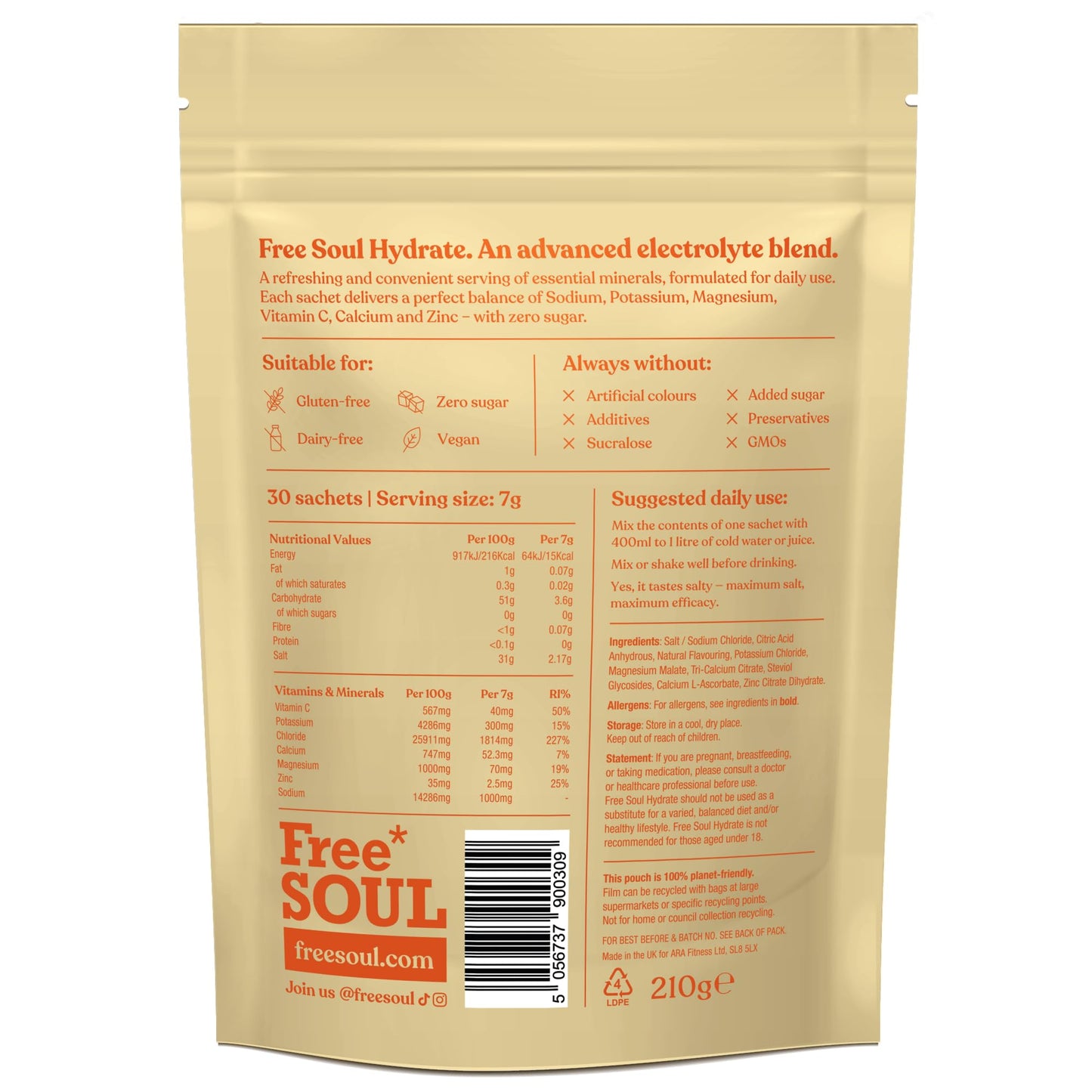 Free Soul Hydrate | Electrolyte Hydration Sachets with Sodium, Magnesium, Vitamin C, & More | Zero Sugar, Advanced Electrolyte Powder for Daily Use | Citrus Salt Flavour | 30 Sachets