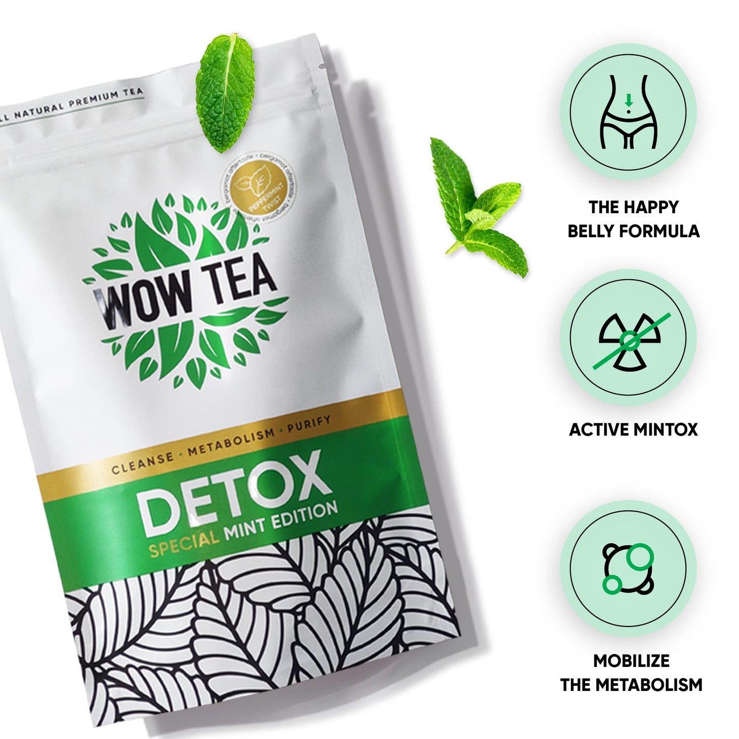 WOW TEA Mint Detox - Full Body Cleanse, Gut Health & Slimming Effect, Belly Bloating Relief