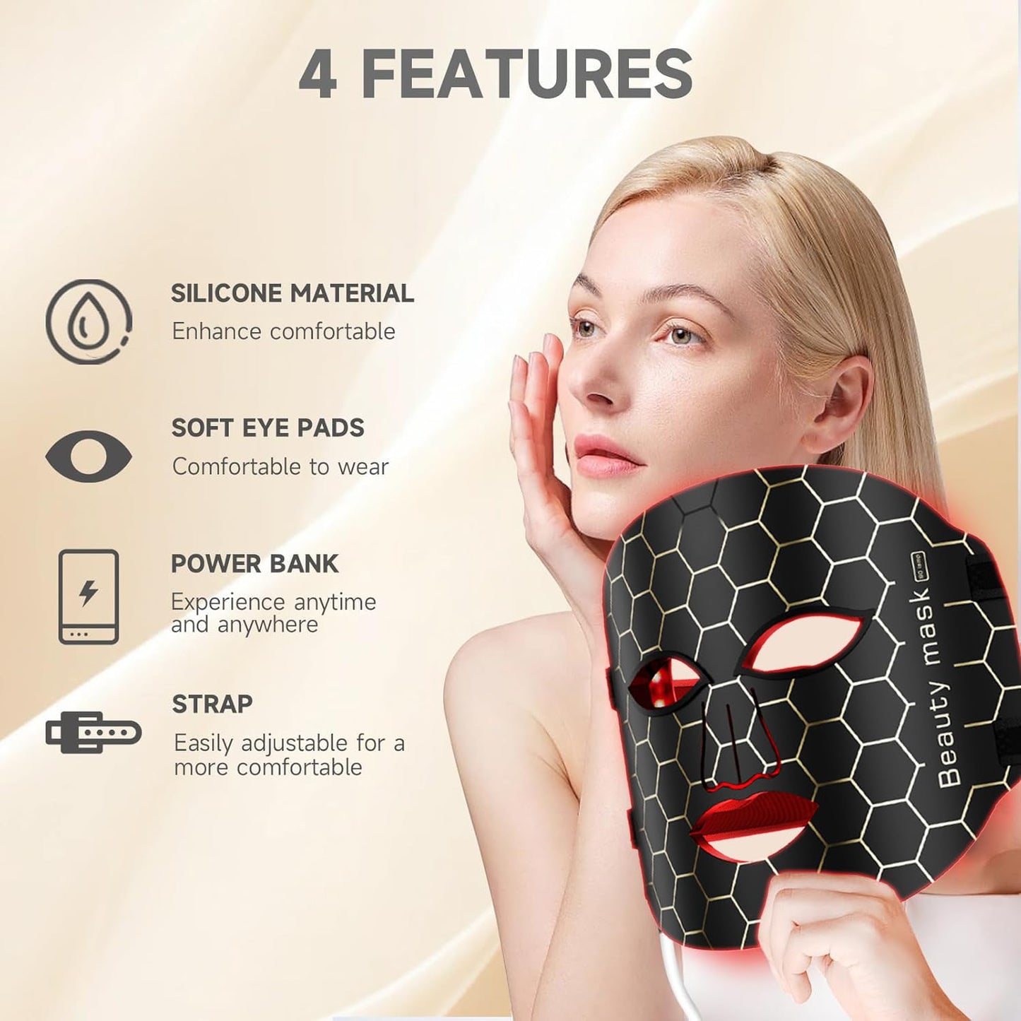 LED Light Therapy Facial Mask Beauty Device Reusable Masks, Anti-Aging & Hydration for Glowing Skin– 3 Light Modes – Remote Control – Includes Eye Protection