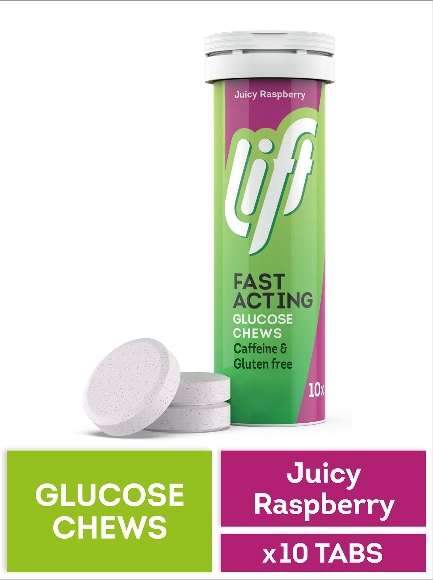 Lift Fast-Acting Glucose Chewable Energy Tablets, Raspberry, 12 Pack of 10-Tablet Tubes