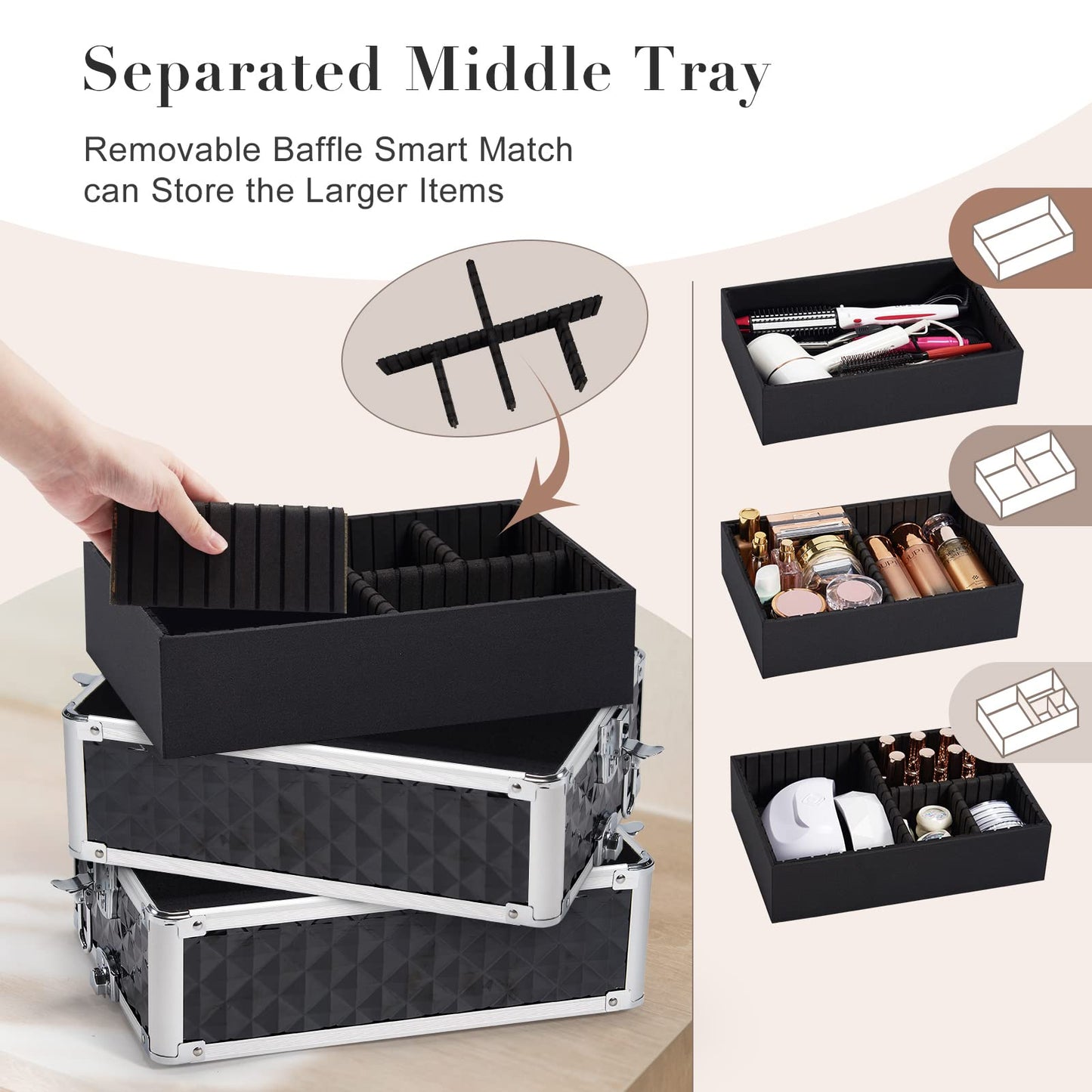 Joligrace 4-in-1 Tall Vanity Case for Women Makeup Box Make Up Beauty Trolley on Wheels Professional Large Makeup Case Organiser Rolling Box Nail Technician case with Locks (Black)