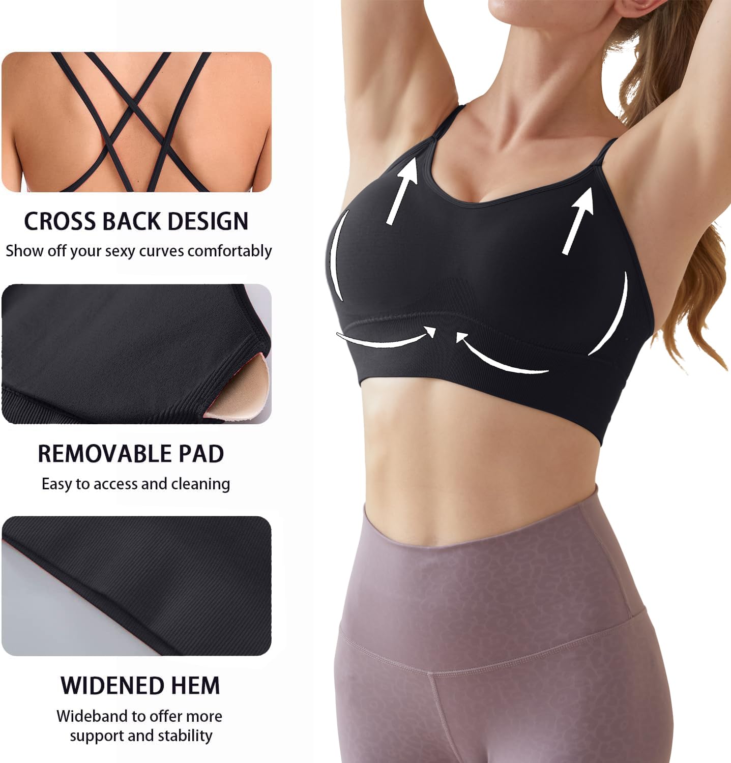 Memoryee Sports Bras Women Padded Cross Back Strappy Non Wired Push Up Medium Impact Vest Crop Top for Running Yoga Dance Black L
