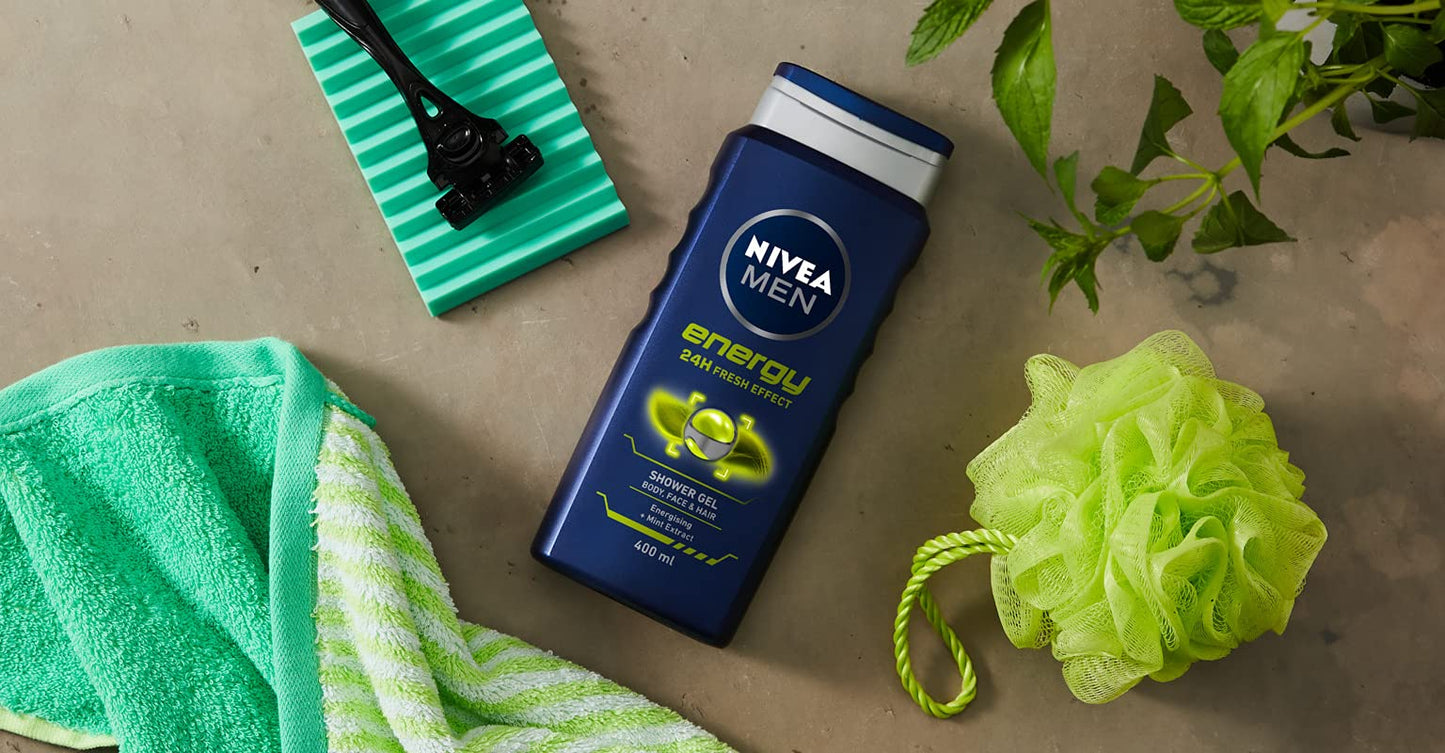 NIVEA MEN Shower Gel Energy (6 x 400ml), Energizing Body Wash with Mint Extract, All-in-1 Shower Gel for Men, Strong NIVEA Men Shower Gel with Fresh Masculine Scent
