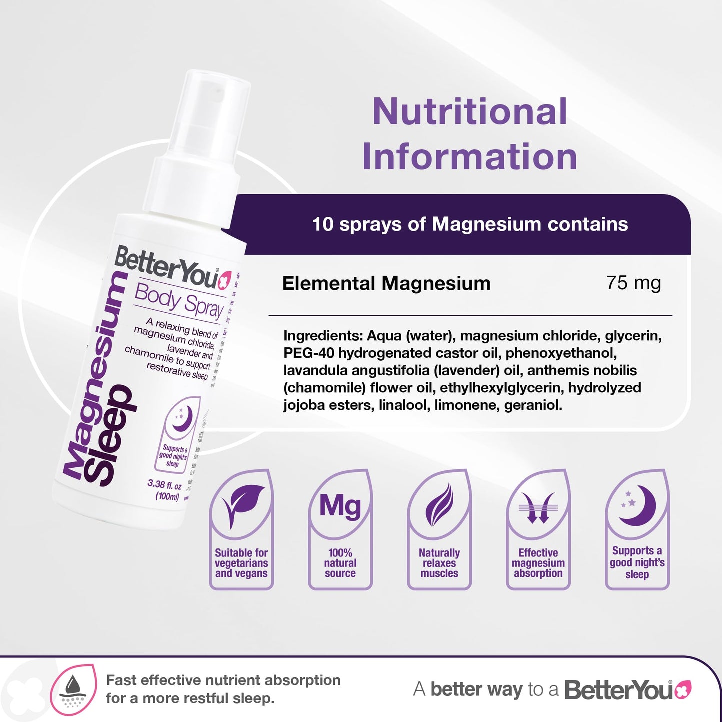 BetterYou Magnesium Sleep Body Spray, Made with Zechstein Magnesium Chloride and Essential Oils, Magnesium Supplement, Natural Sleep Aid, Palm-Oil Free, 100ml (600 Sprays)