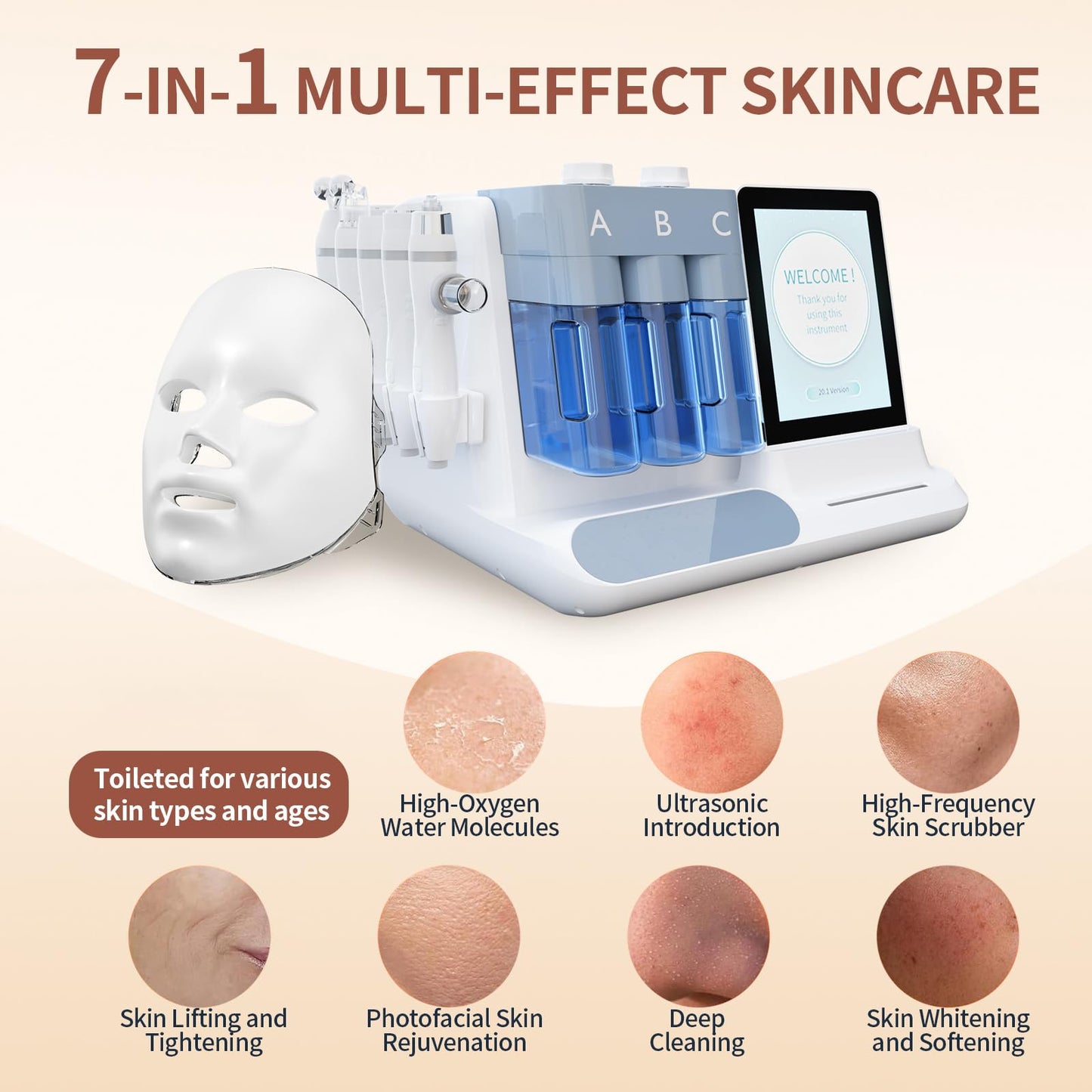 7 in 1 Hydrogen Oxygen Facial Beauty Cleaning and Care Machine for Professional Skin Lifting Hydrogen Oxygen Deep Clean Hydra LED Mask RF Water Therapy SPA Equipment Smart Touch Screen Elitzia ETDN7