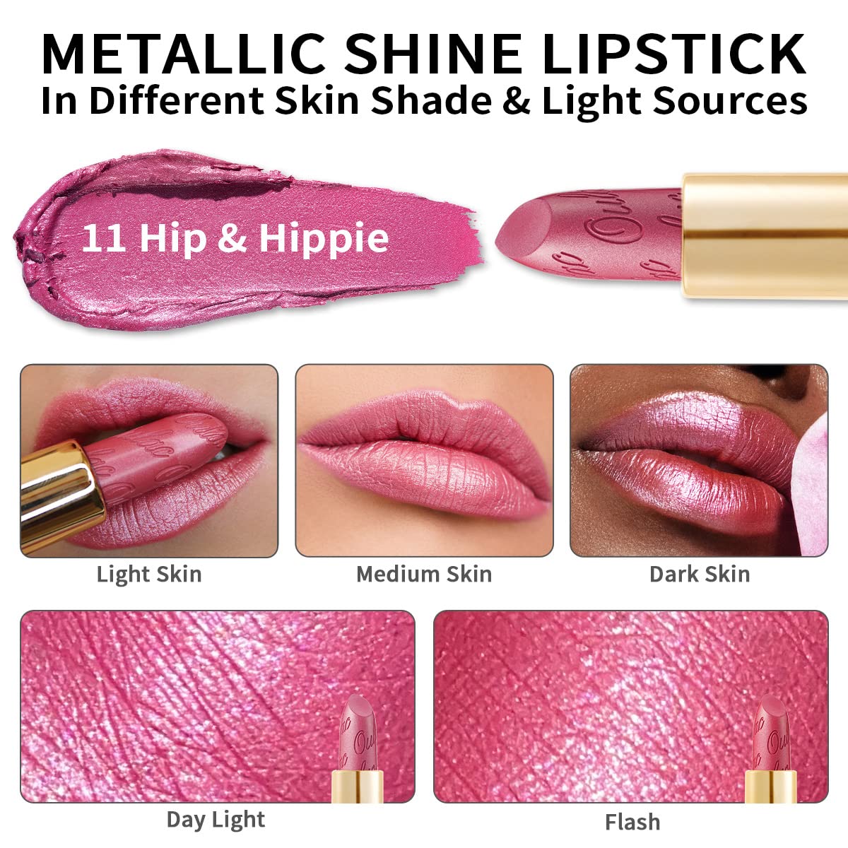 OULAC Metallic Shine Glitter Lipstick, Pink High Impact Lipcolor, Lightweight Soft and Ultra Hydrating, Long Lasting, Vegan & Cruelty-Free, Full-Coverage Lip Color 4.3 g/0.15 HIP & HIPPIE(11)