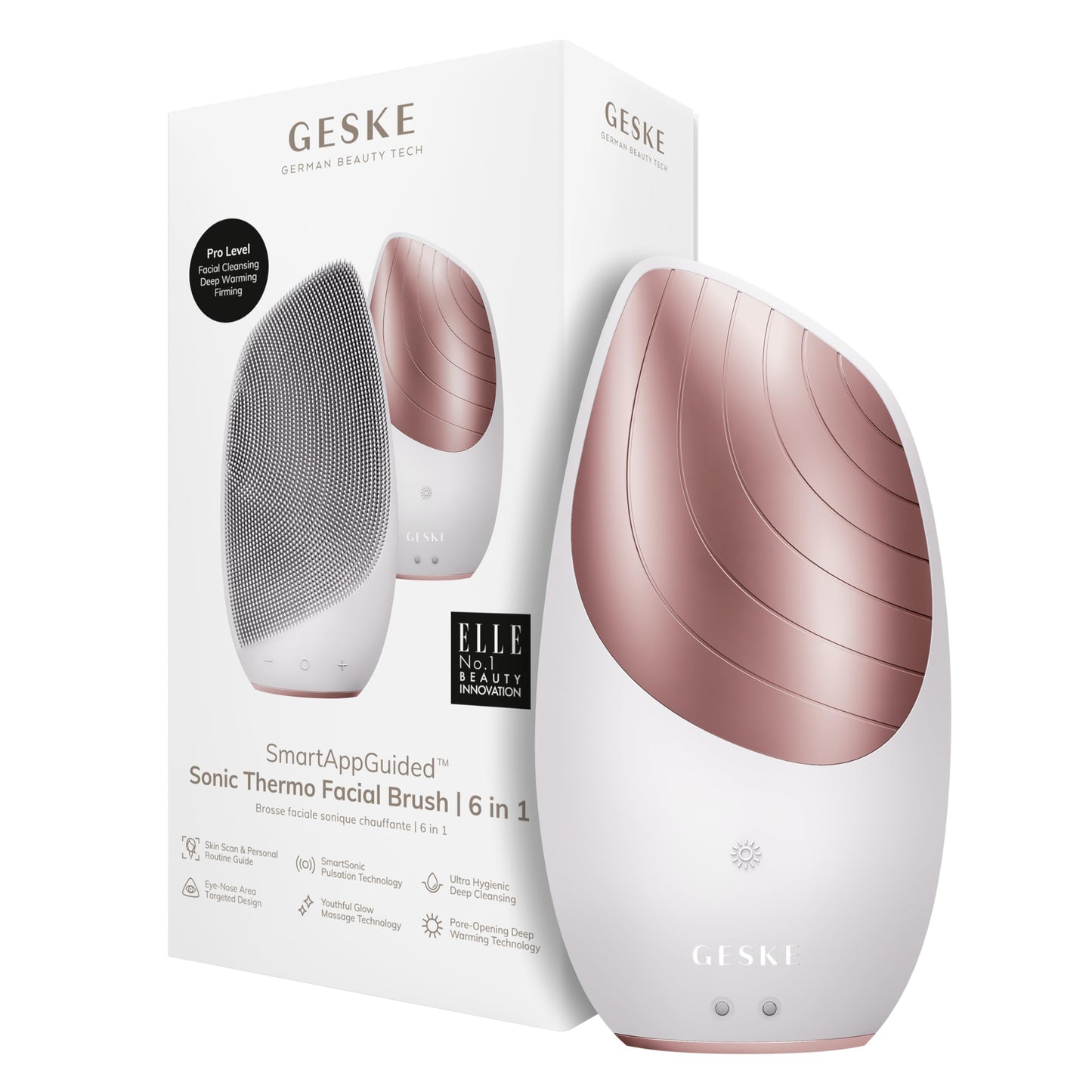 GESKE SmartAppGuided™ Sonic Thermo Facial Brush | 6 in 1 | skin cleansing | cleansing brush with thermal function | facial massager | electric facial brush | facial cleansing device
