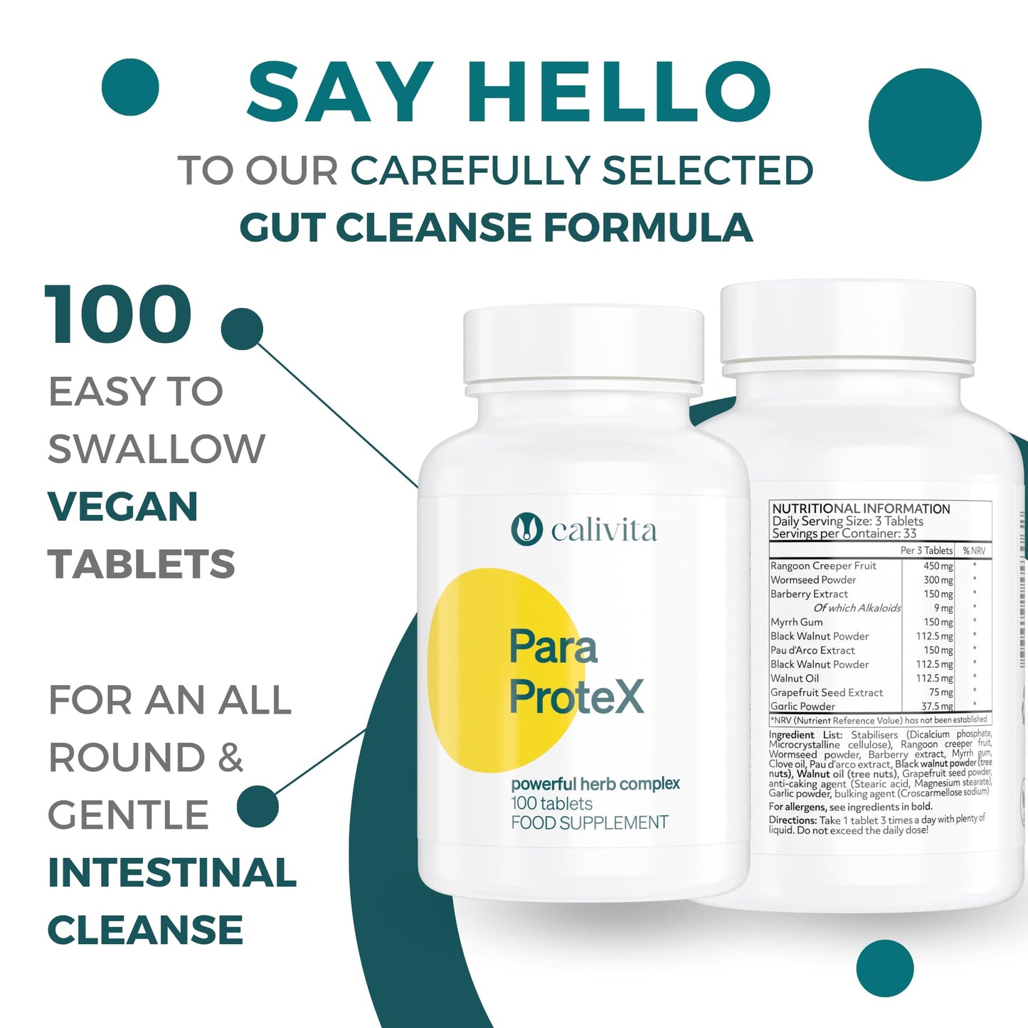 ParaProteX - Detox Cleanse for Humans - Worming Tablets - Gut Health Supplement - Black Walnut and Wormwood - Candida Cleanse - Grapefruit Seed, Clove Oil, Barberry - Colon Cleanse - 100 Tablets