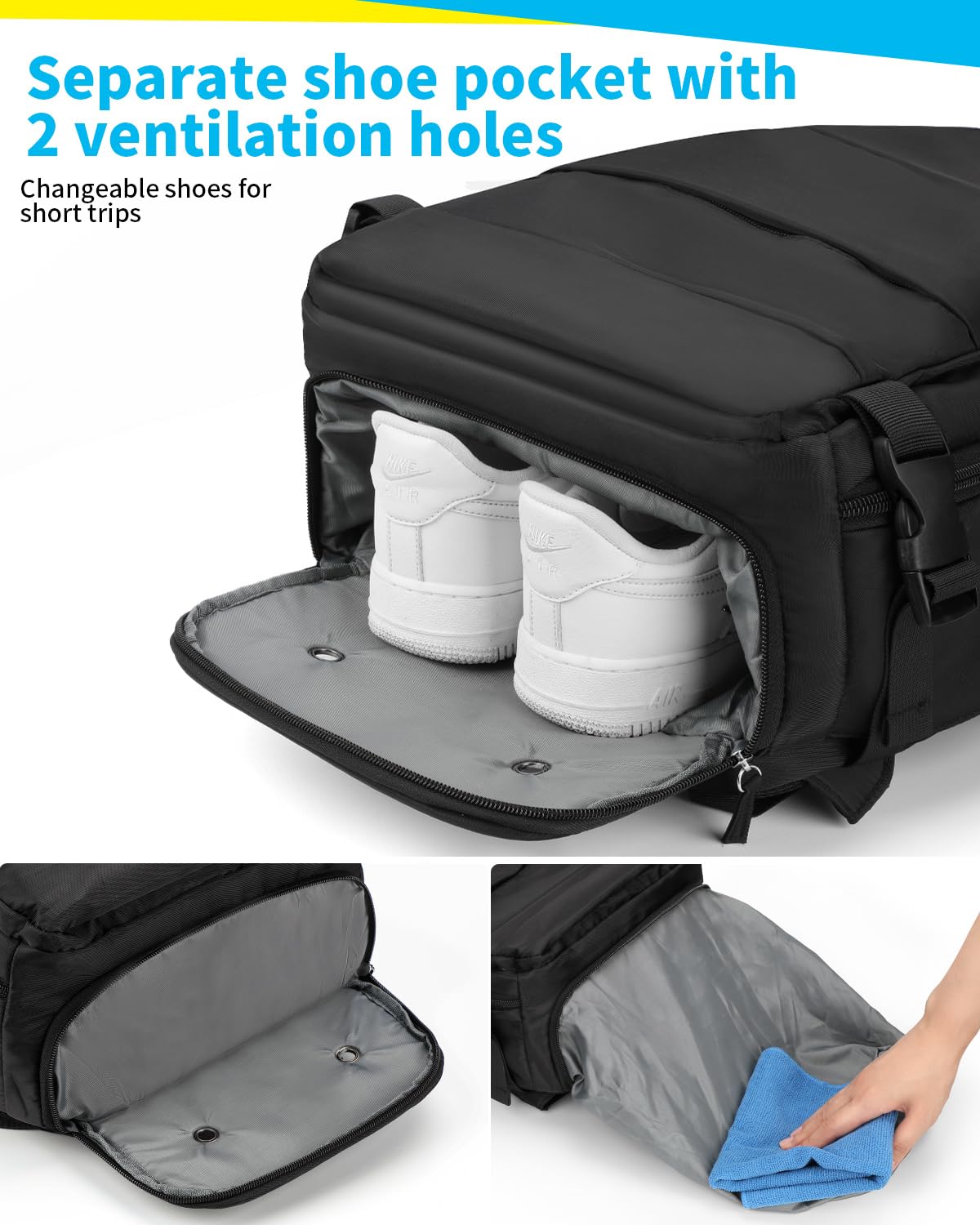 Cabin Bags for Ryanair 40x20x25 Underseat Travel Bag 11 Pockets Hand Luggage Bag Cabin Bag with Separate Shoe Pocket for Women & Men Carry on Bag, 20L, Black