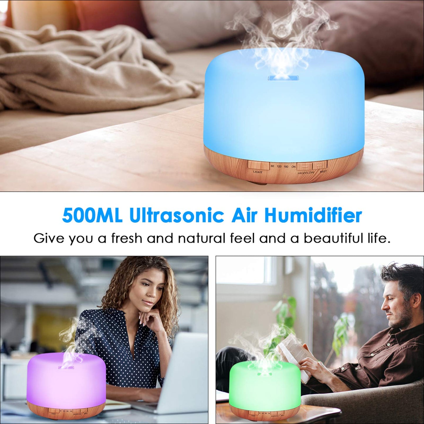 Diffuserlove Essential Oil Diffuser 500ML Remote Control Aromatherapy Diffuser Cool Mist Humidifiers 7 LED Night Light for Home Office SPA Yellow