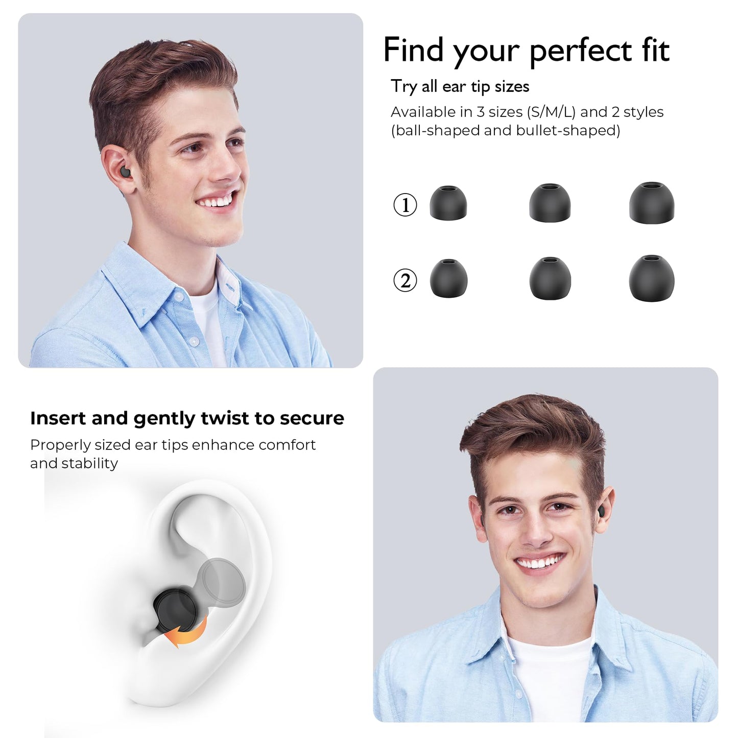 Jayine Ear Plugs for Sleep 2 Pairs, Reusable Noise Cancelling Earplugs Hearing Protection 25dB, Removable Soft Silicone Earplugs for Concerts, Focus, Noise Sensitivity, 16 Ear Tips in S/M/L - Black