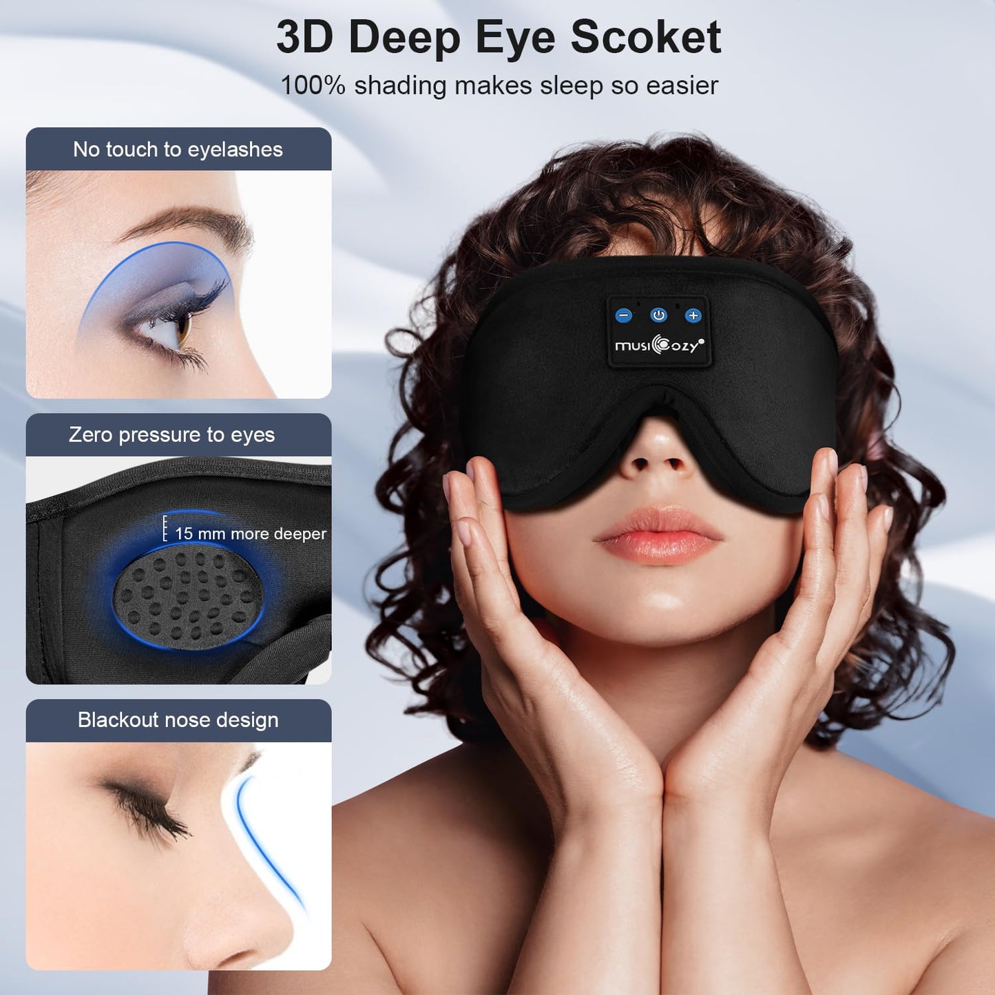MUSICOZY Sleep Mask Headphones,Upgraded 3D Sleep Headphones Bluetooth Eye Mask Headphones for Sleeping,Travel,Nap,Restful Sleep,Shift Work,100% Blackout Sleep Masks with Headphones for Women & Men