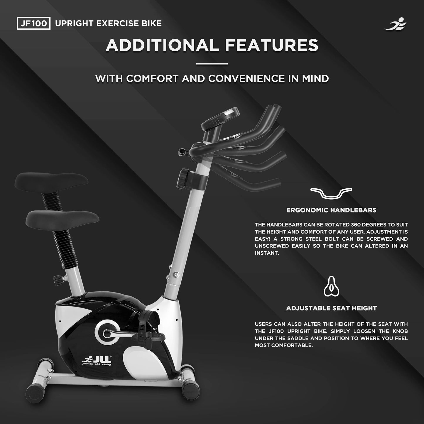 JLL® JF100 Home Exercise Bike, 2025 New Adjustable Magnetic Resistance Cardio Workout, 4kg Bi-Directional Flywheel, Display with Heart-Rate Sensor, Adjustable Handlebars & Seat Height