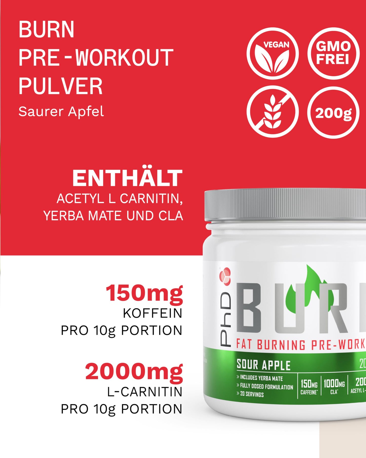 PhD Burn Pre Workout Powder with L Carnitine for Women and Men, Rich in CLA, High Caffeine for pre-Workout, Sour Apple Flavour, 20 Servings (200g)