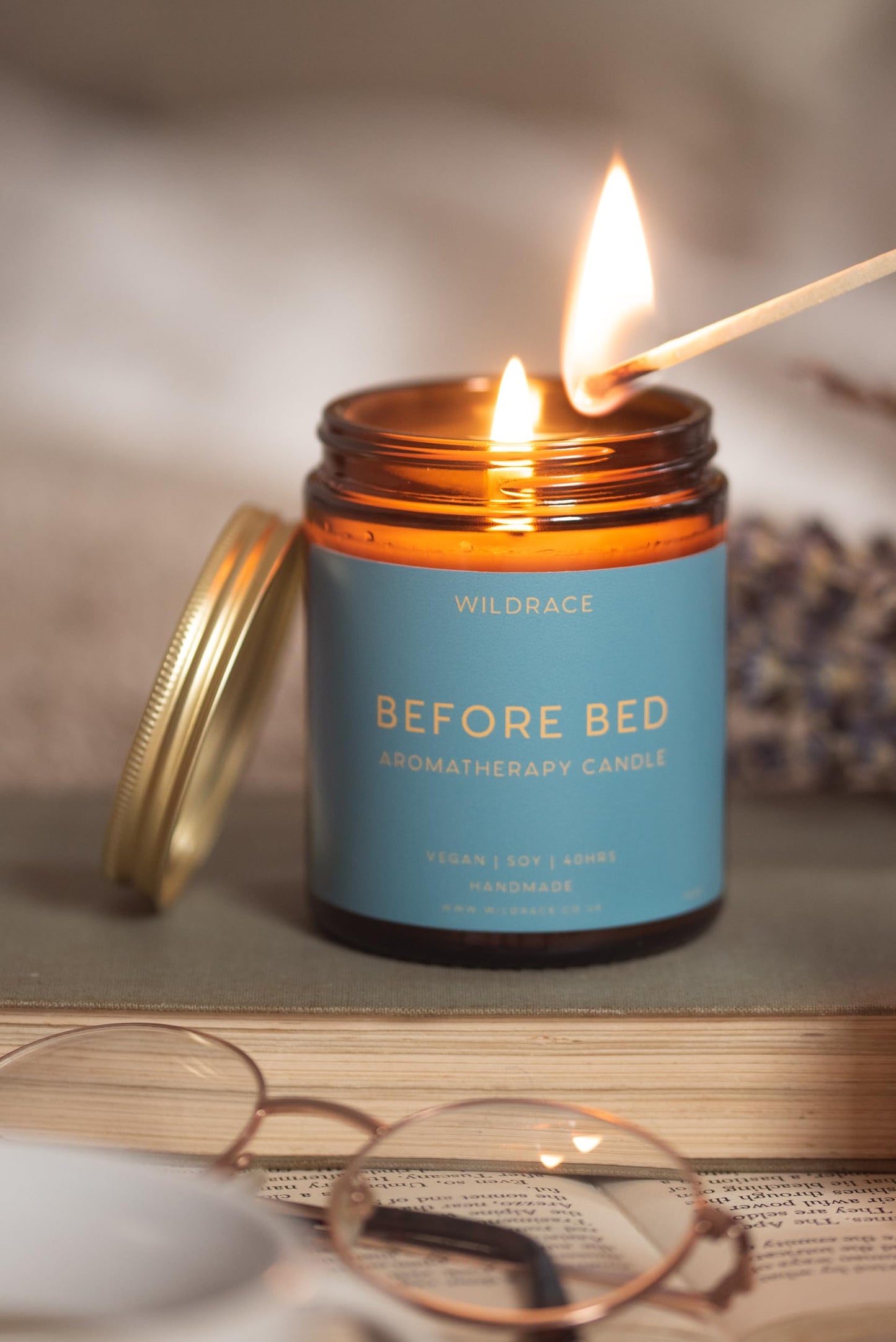WILDRACE Before Bed Relaxation Candle | Clary Sage, Neroli, Geranium & Lavender Blend for Sleep & Stress Relief | 100% Soy Wax, Essential Oils, Plastic-Free | Natural Aromatherapy for Better Sleep